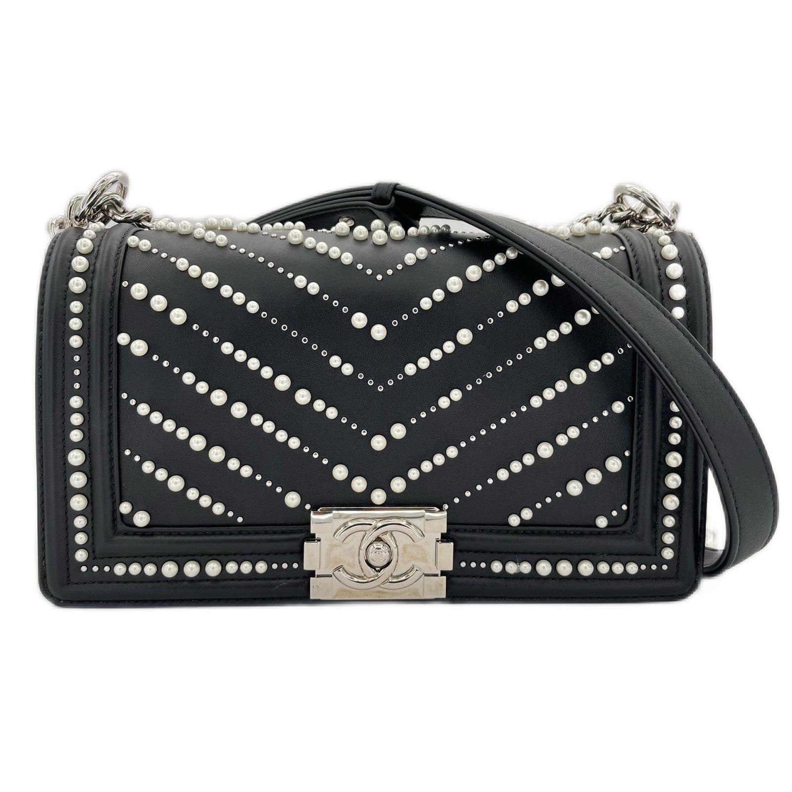 CHANEL PEARL BOYCHANEL MEDIUM CHAIN SHOULDER BAG BLACK LEATHER 90210965