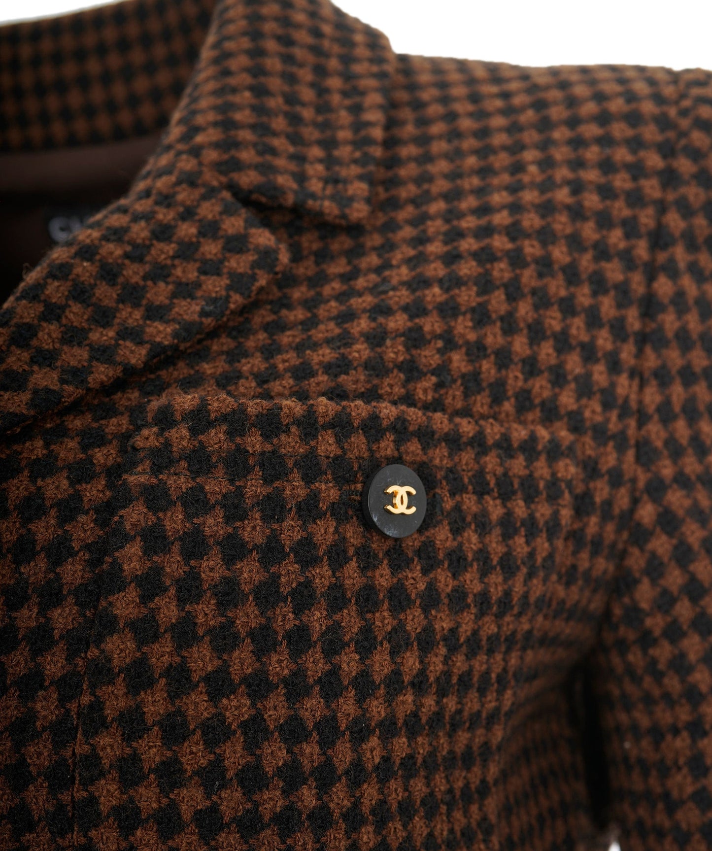 Chanel Coco Button Houndstooth Tweed Suit Jacket Skirt 96A Brown AVC1884