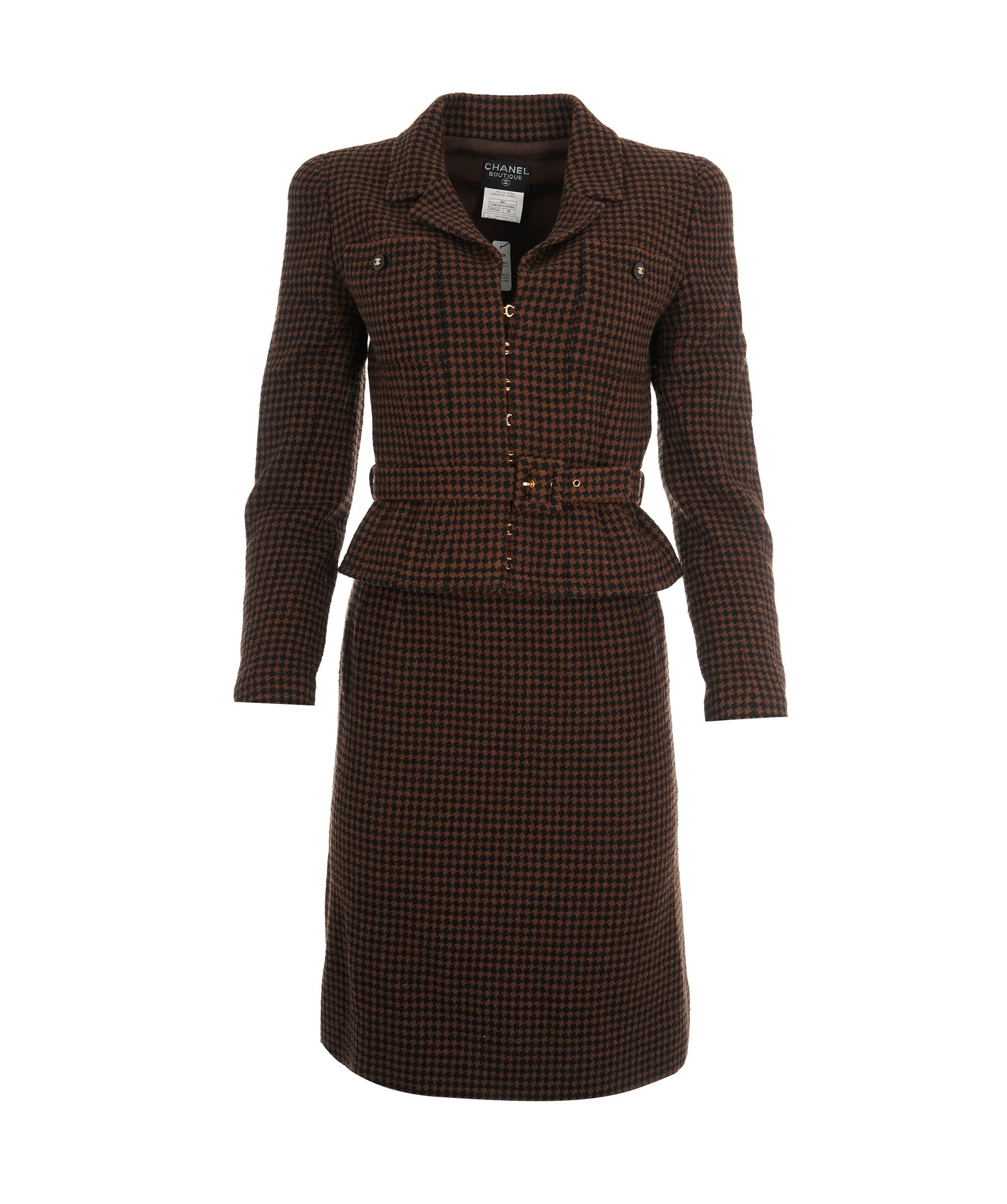 Chanel Coco Button Houndstooth Tweed Suit Jacket Skirt 96A Brown AVC1884