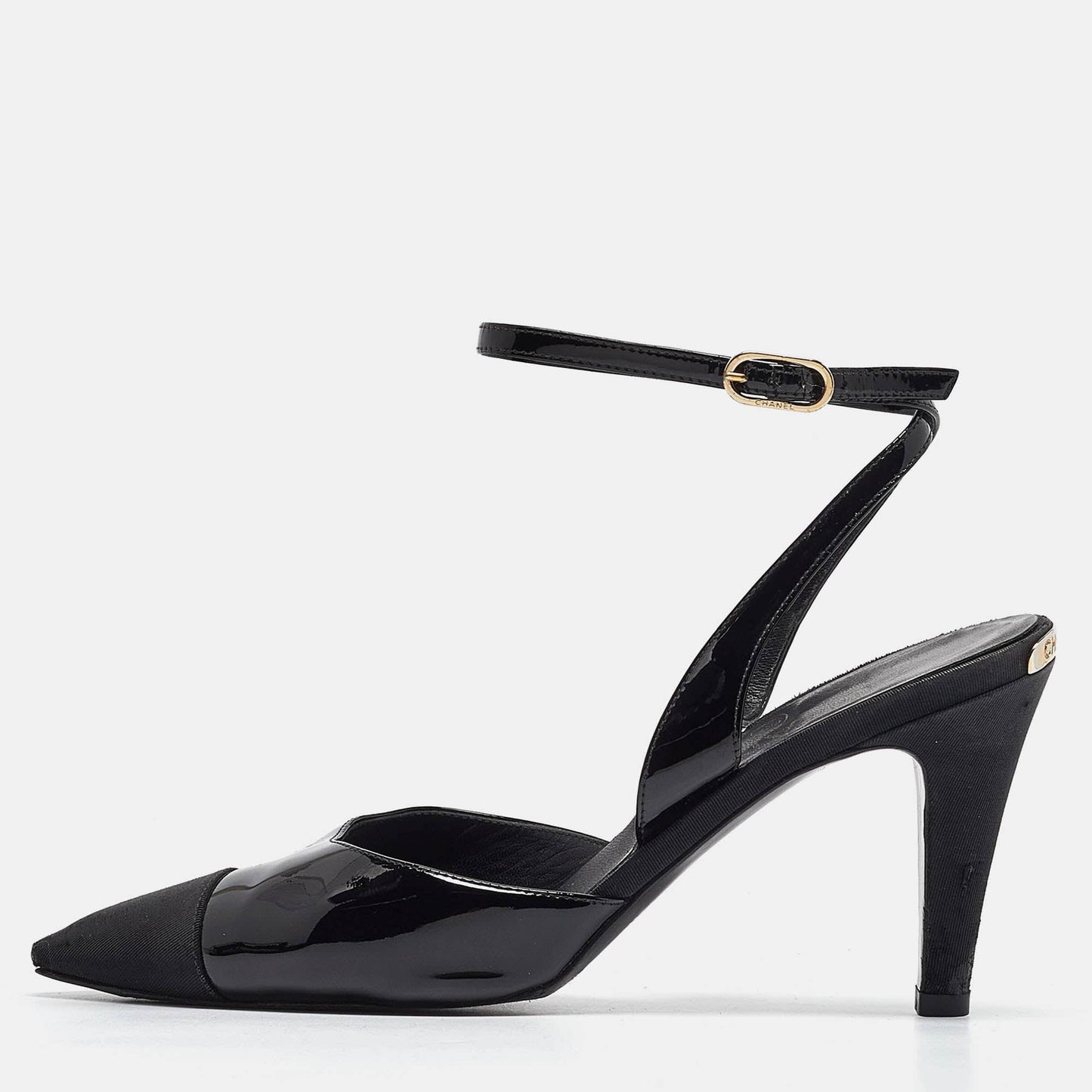 Chanel Black Patent Leather and Canvas Ankle Strap Pumps Size 38 RJC4322