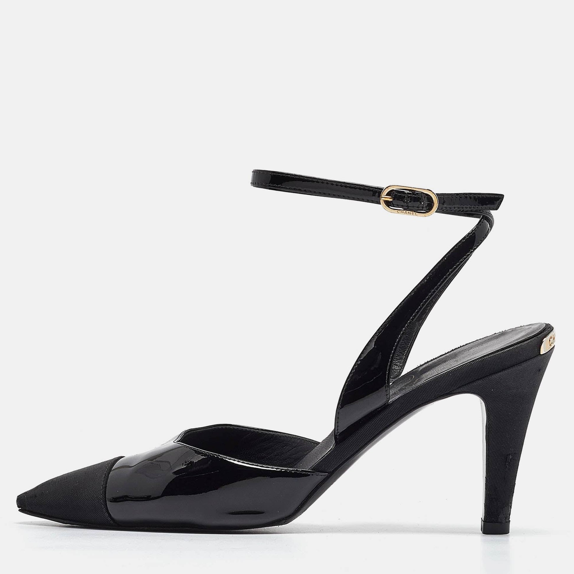 Chanel Black Patent Leather and Canvas Ankle Strap Pumps Size 38 RJC4322