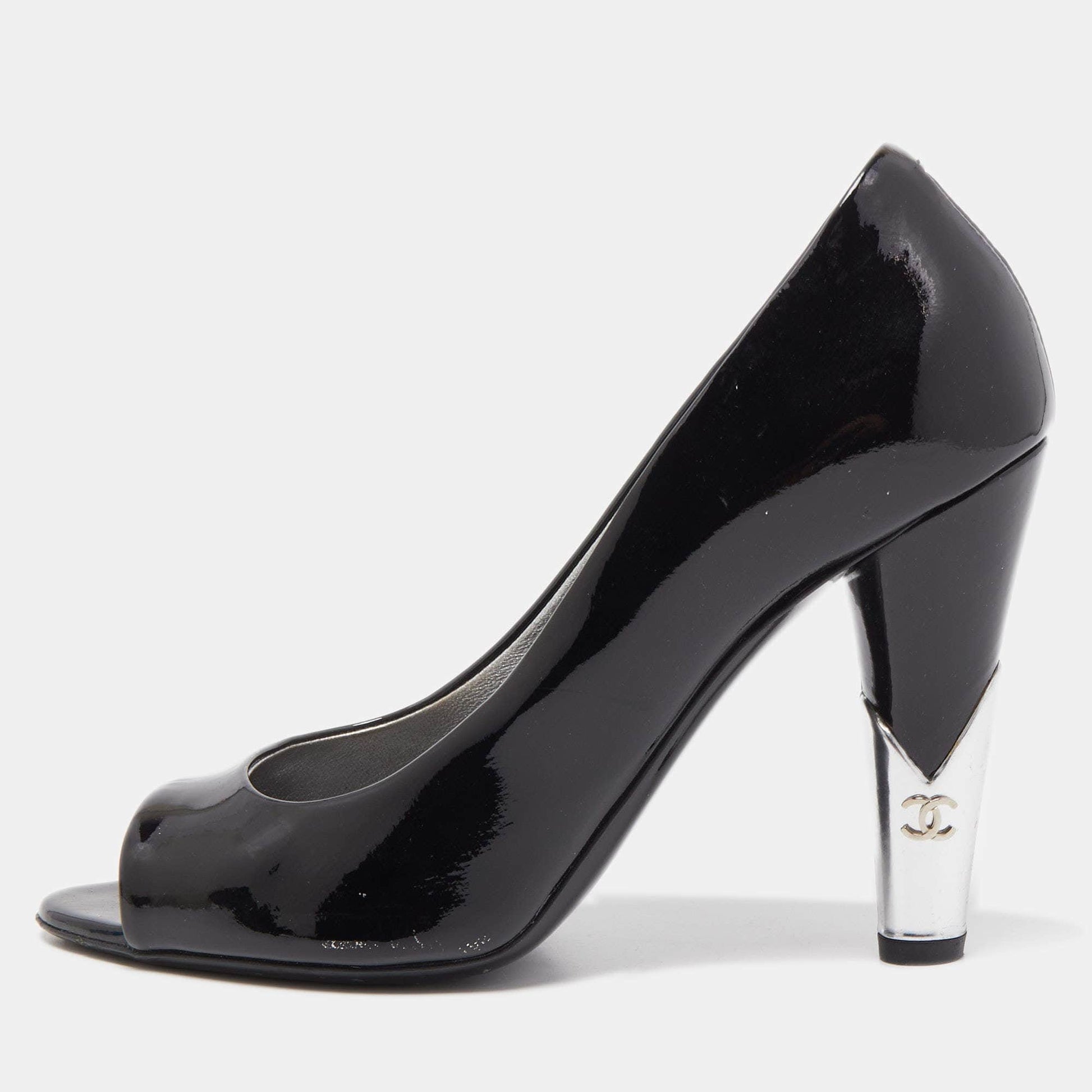 Chanel Black Patent Leather CC Peep Toe Pumps Size 36.5 RJC4315