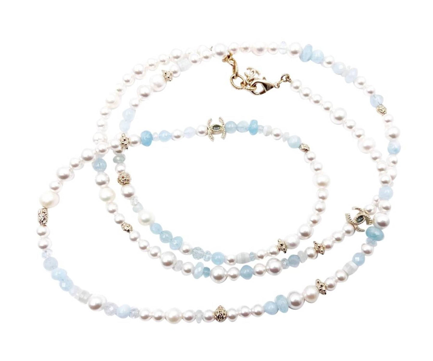 Chanel Brand New Gold CC Aquamarine Fresh Water Pearl Necklace