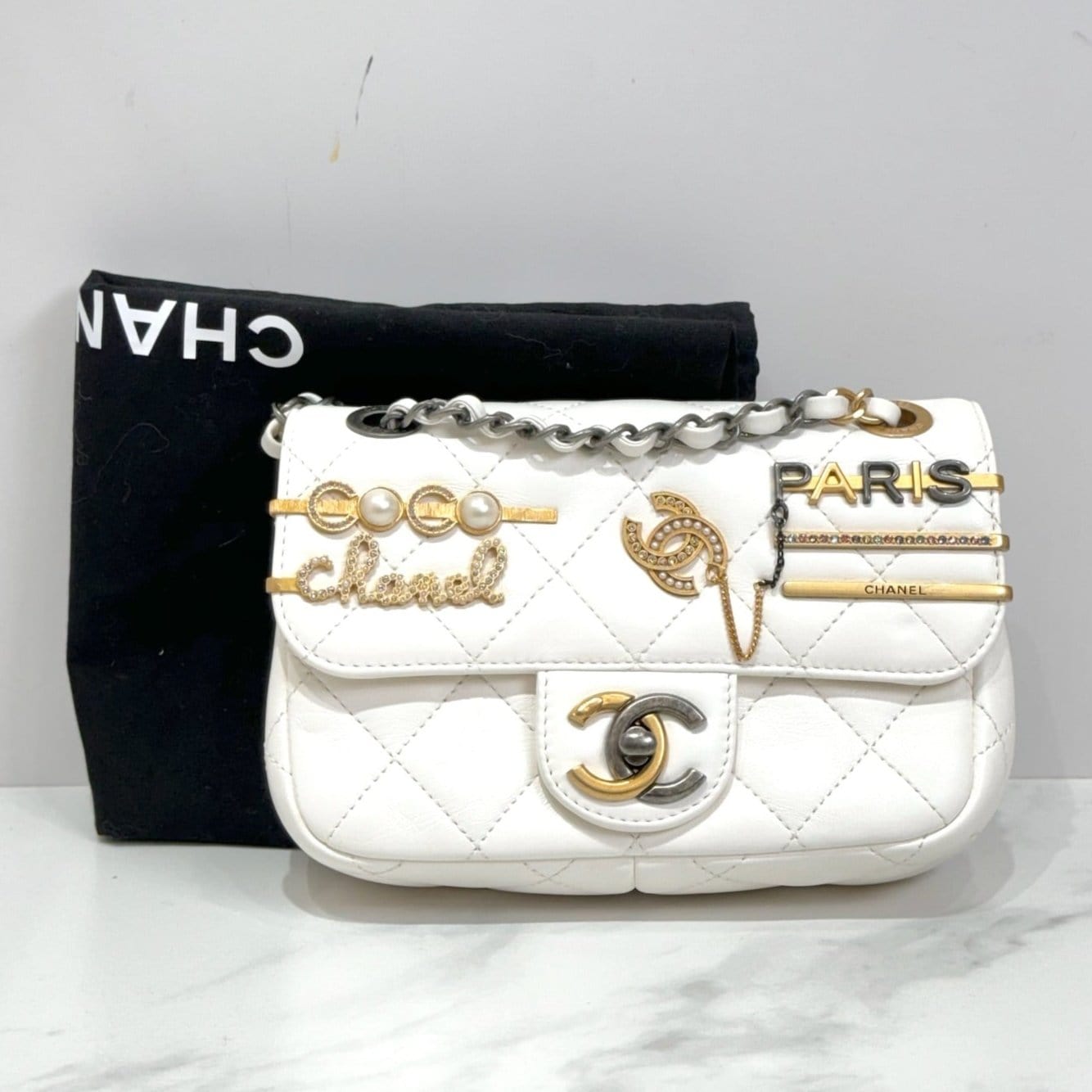 Chanel 22C White Mini Flap Bag with Charms