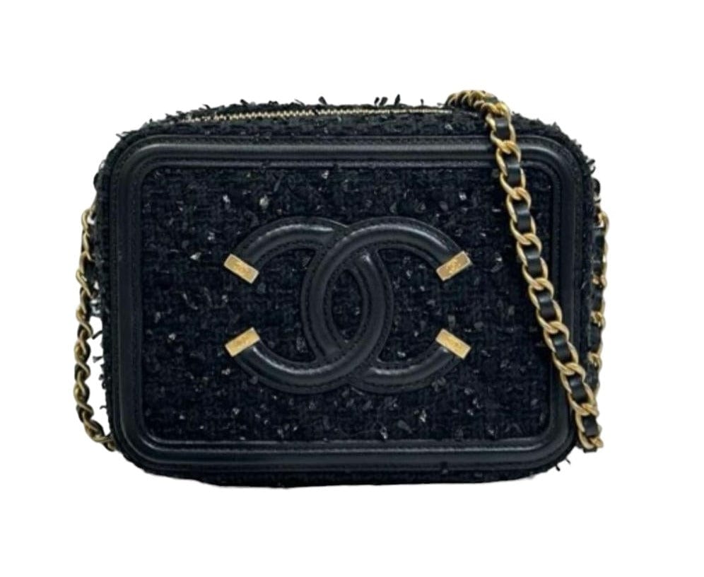 CHANEL BLACK TWEED FILIGREE CAMERA BAG 072418A02