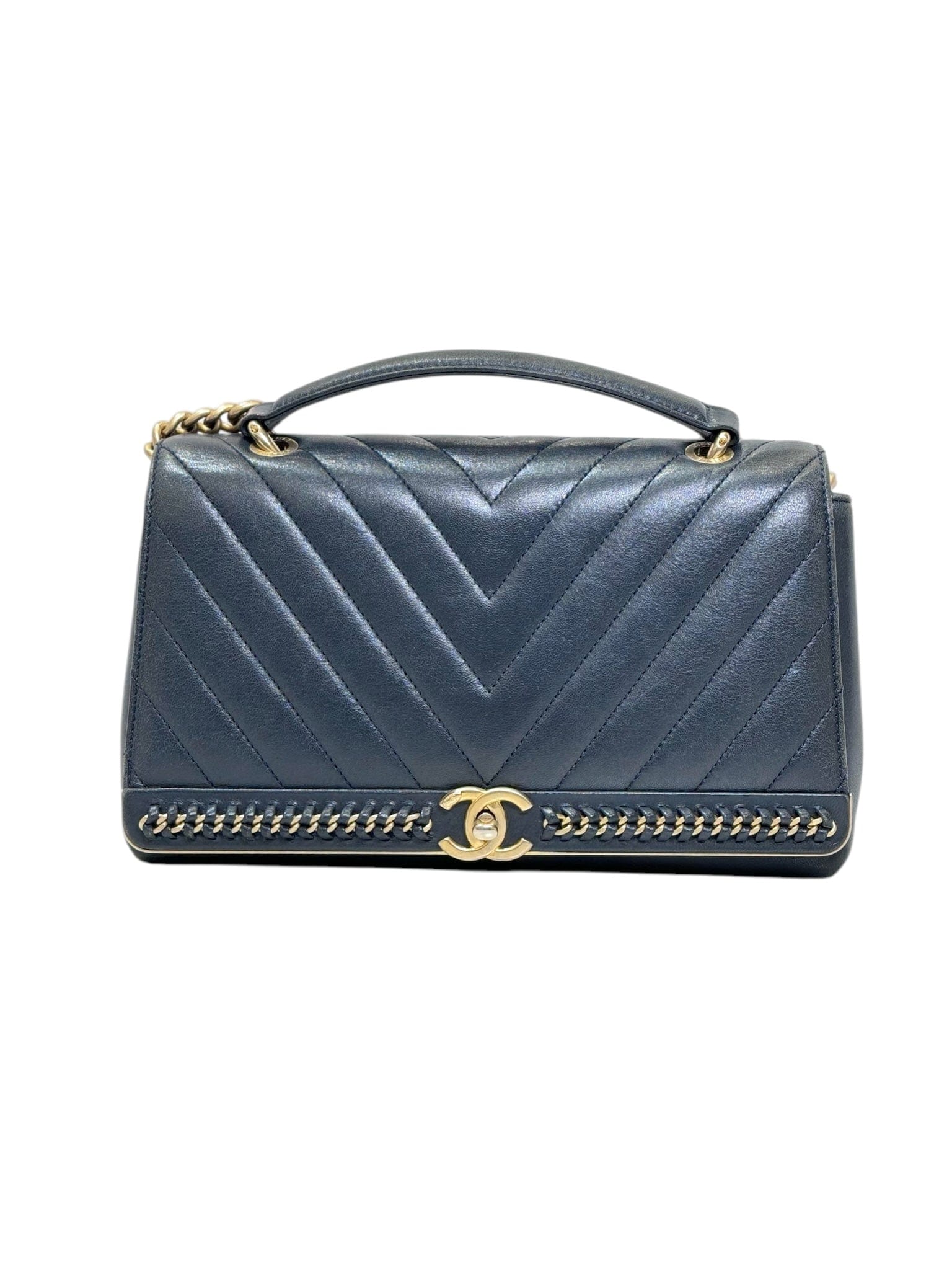 Chanel Blue Leather Handle Chain Bag