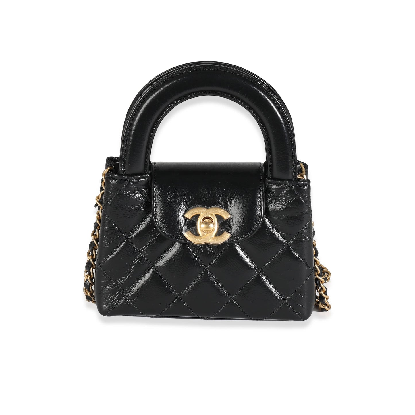 Chanel 24P Black Quilted Shiny Aged Calfskin Mini Nano Kelly Shopper