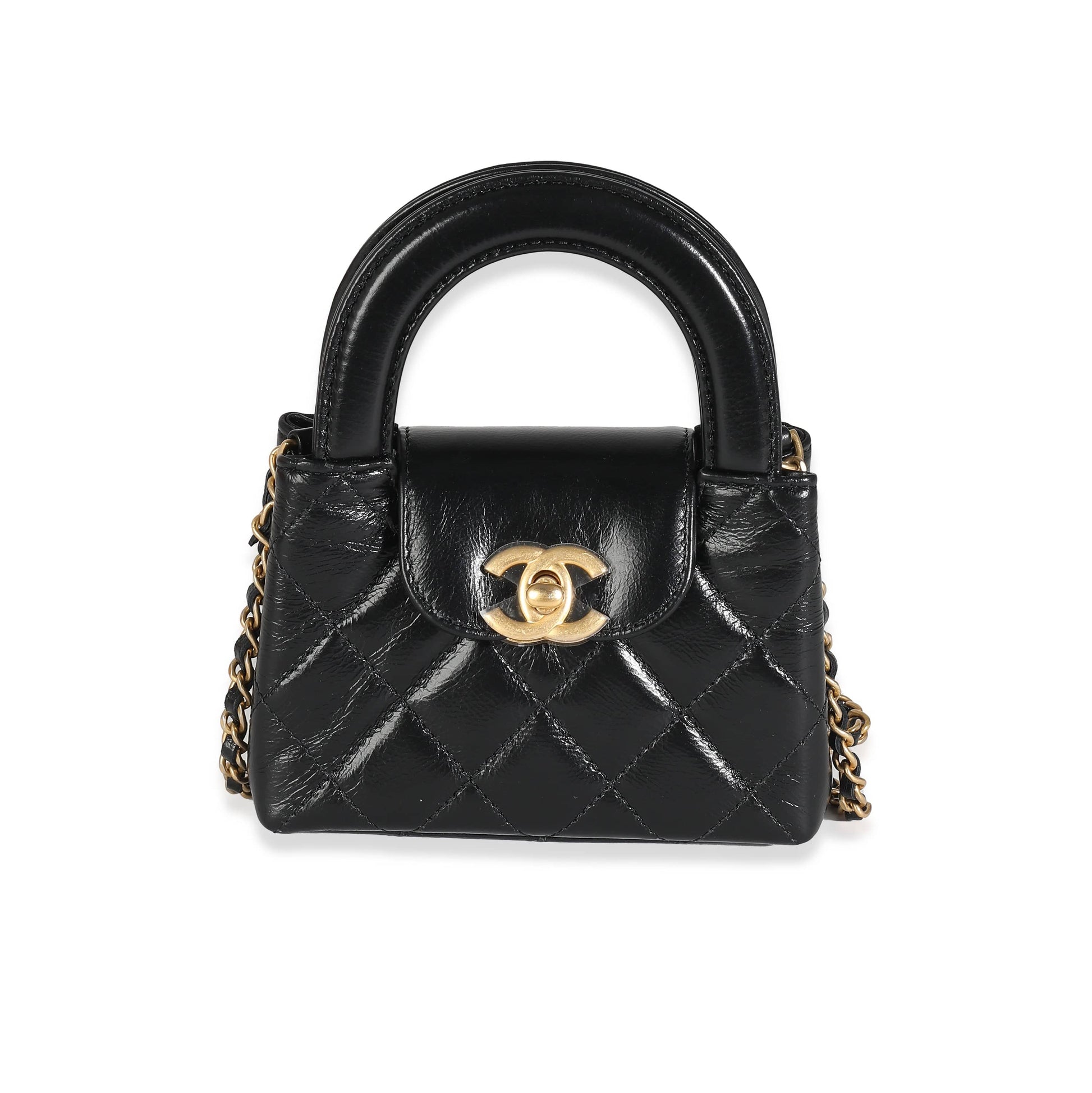 Chanel 24P Black Quilted Shiny Aged Calfskin Mini Nano Kelly Shopper