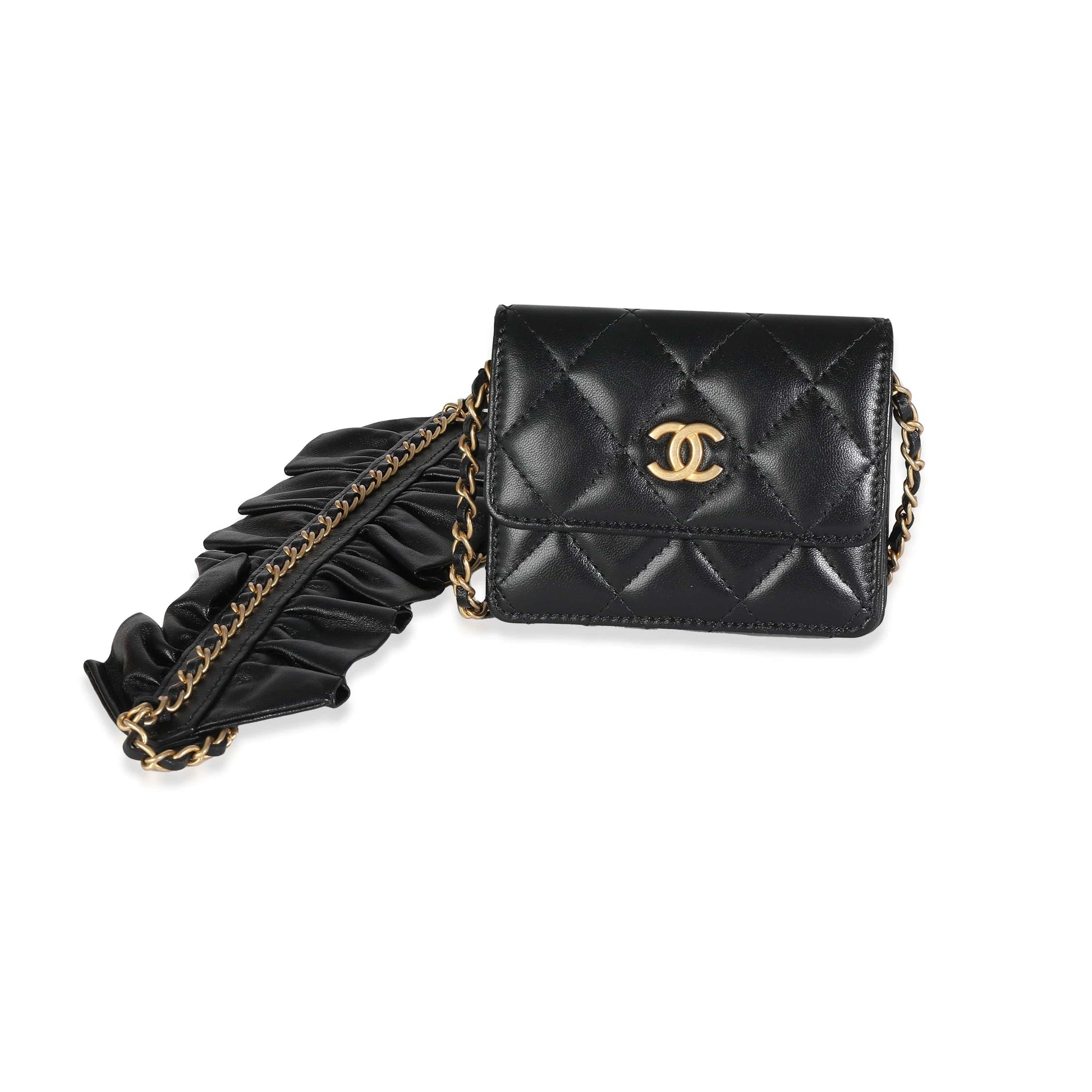 Chanel Black Quilted Lambskin Ruffled Card Holder On Chain
