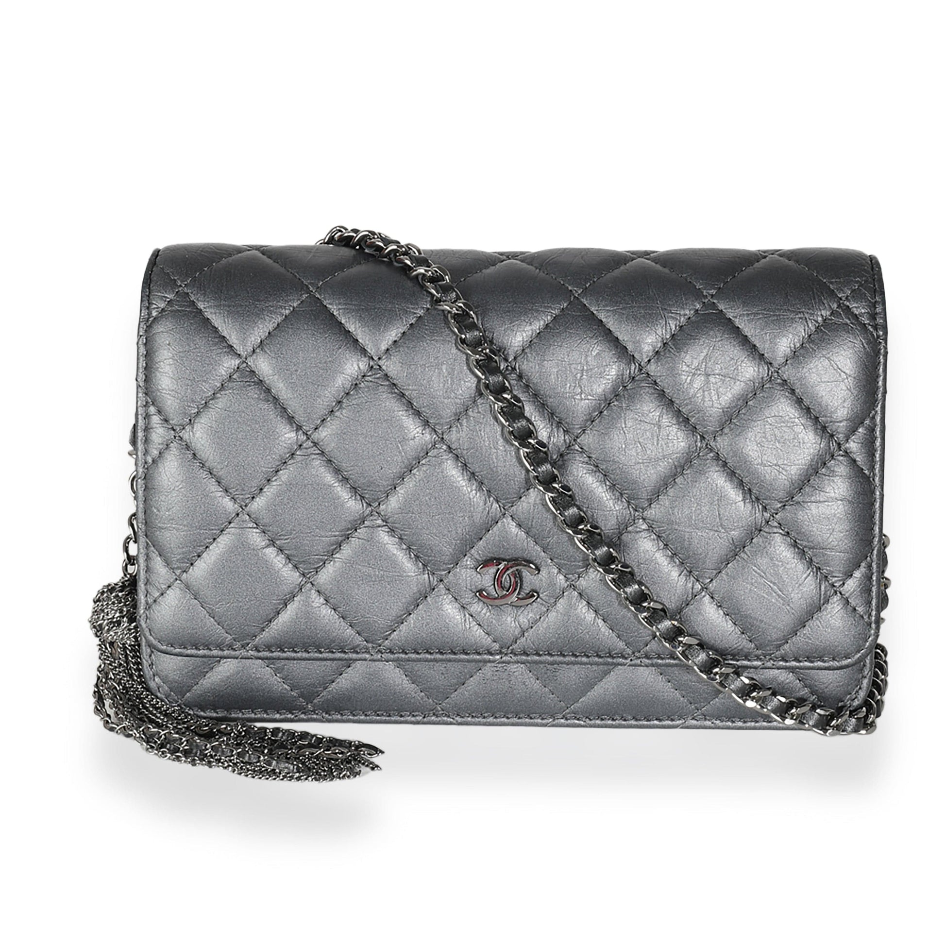 Chanel Dark Silver Iridescent Aged Calfskin Quilted Tassel Wallet On Chain