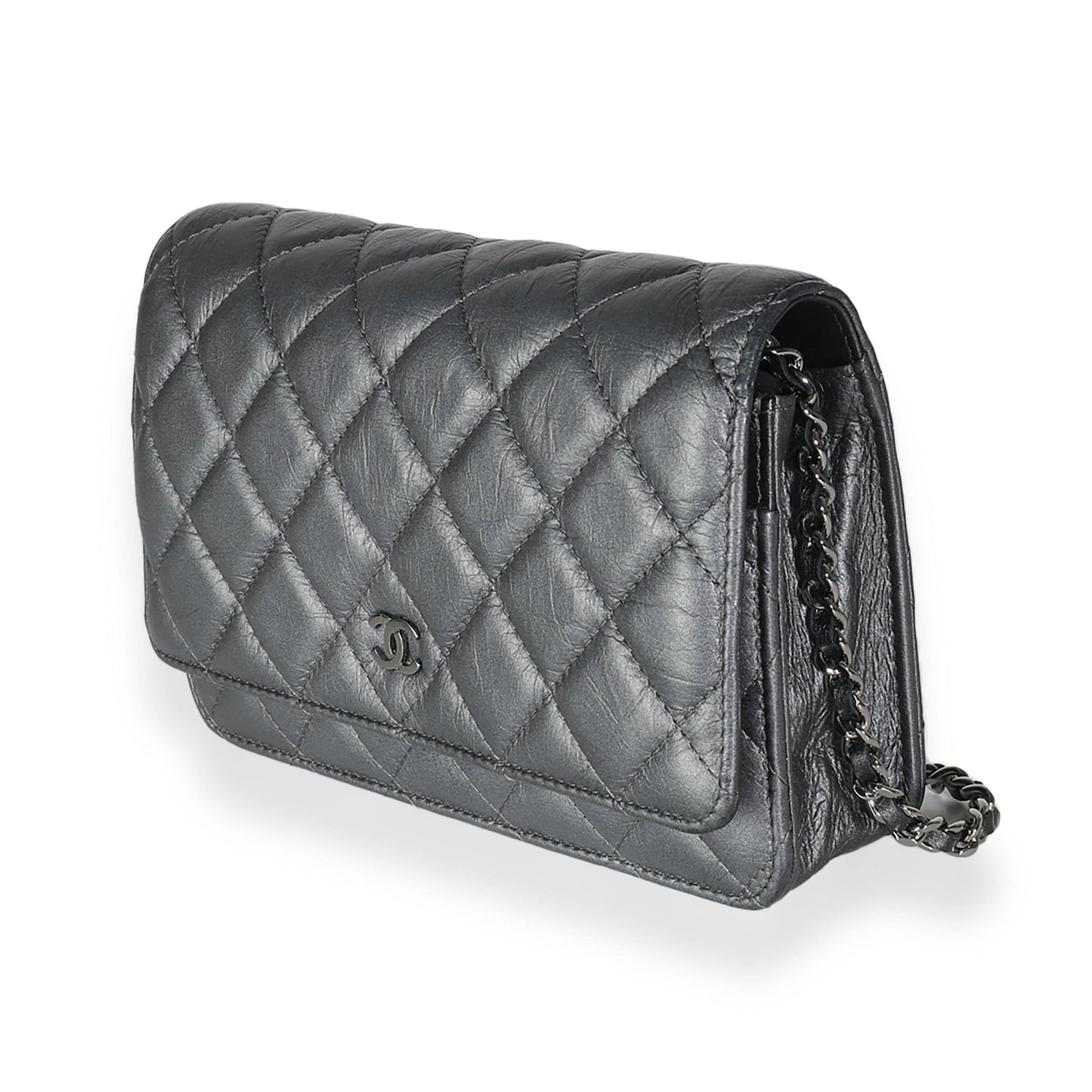 Chanel Dark Silver Iridescent Aged Calfskin Quilted Tassel Wallet On Chain