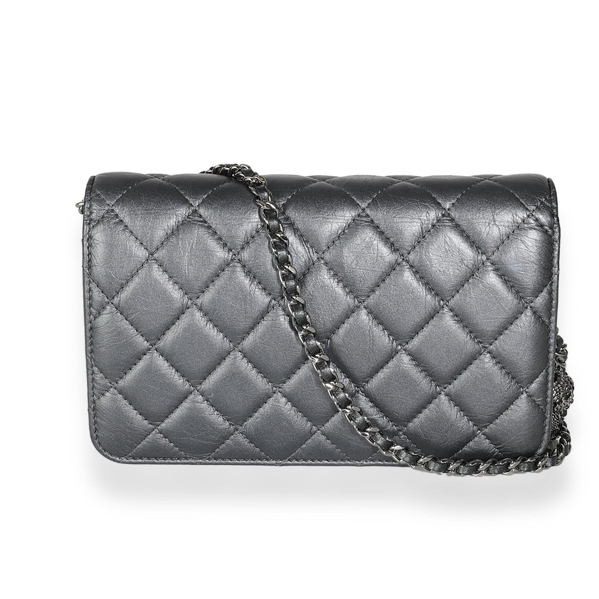 Chanel Dark Silver Iridescent Aged Calfskin Quilted Tassel Wallet On Chain