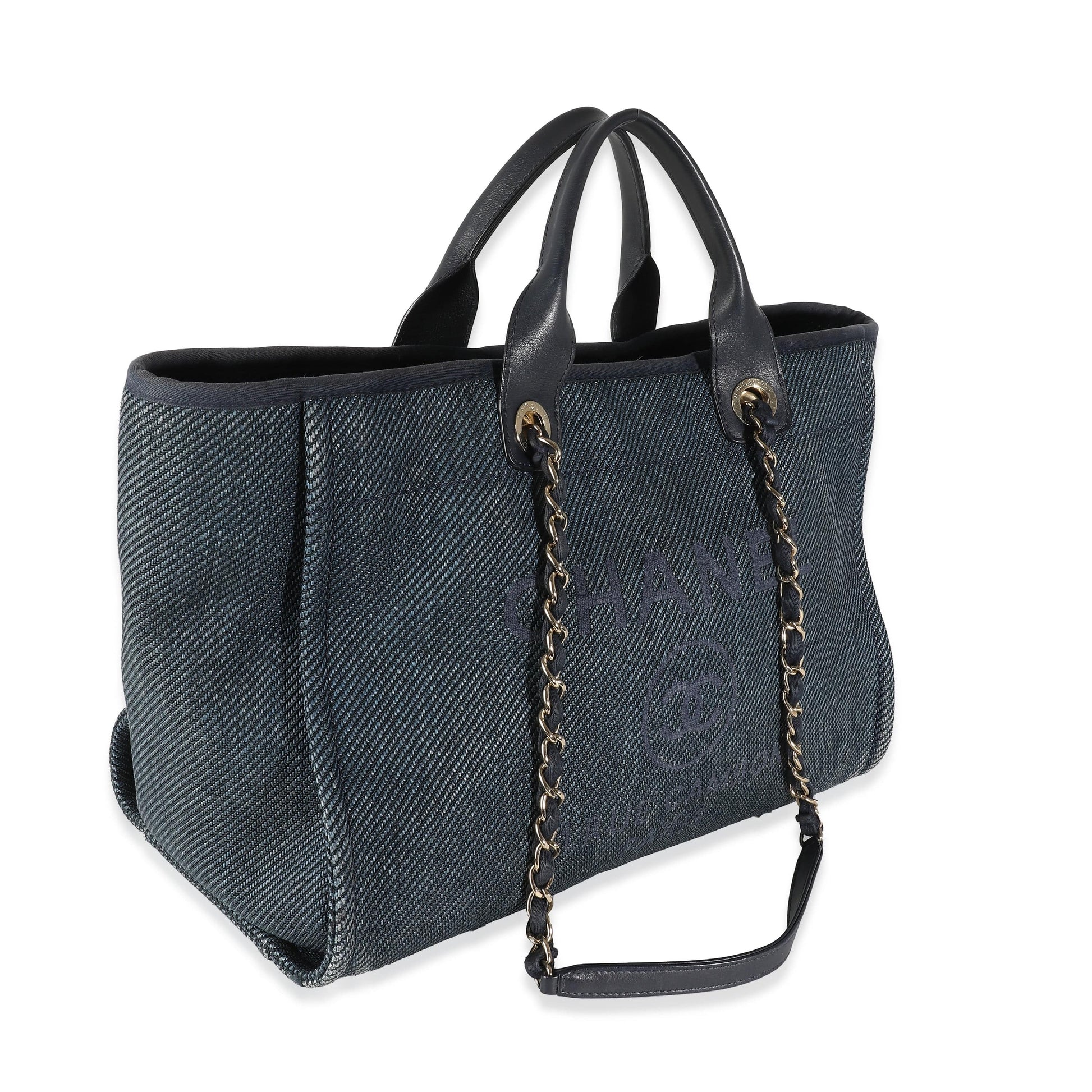 Chanel Navy Blue Woven Straw Raffia Medium Deauville Tote