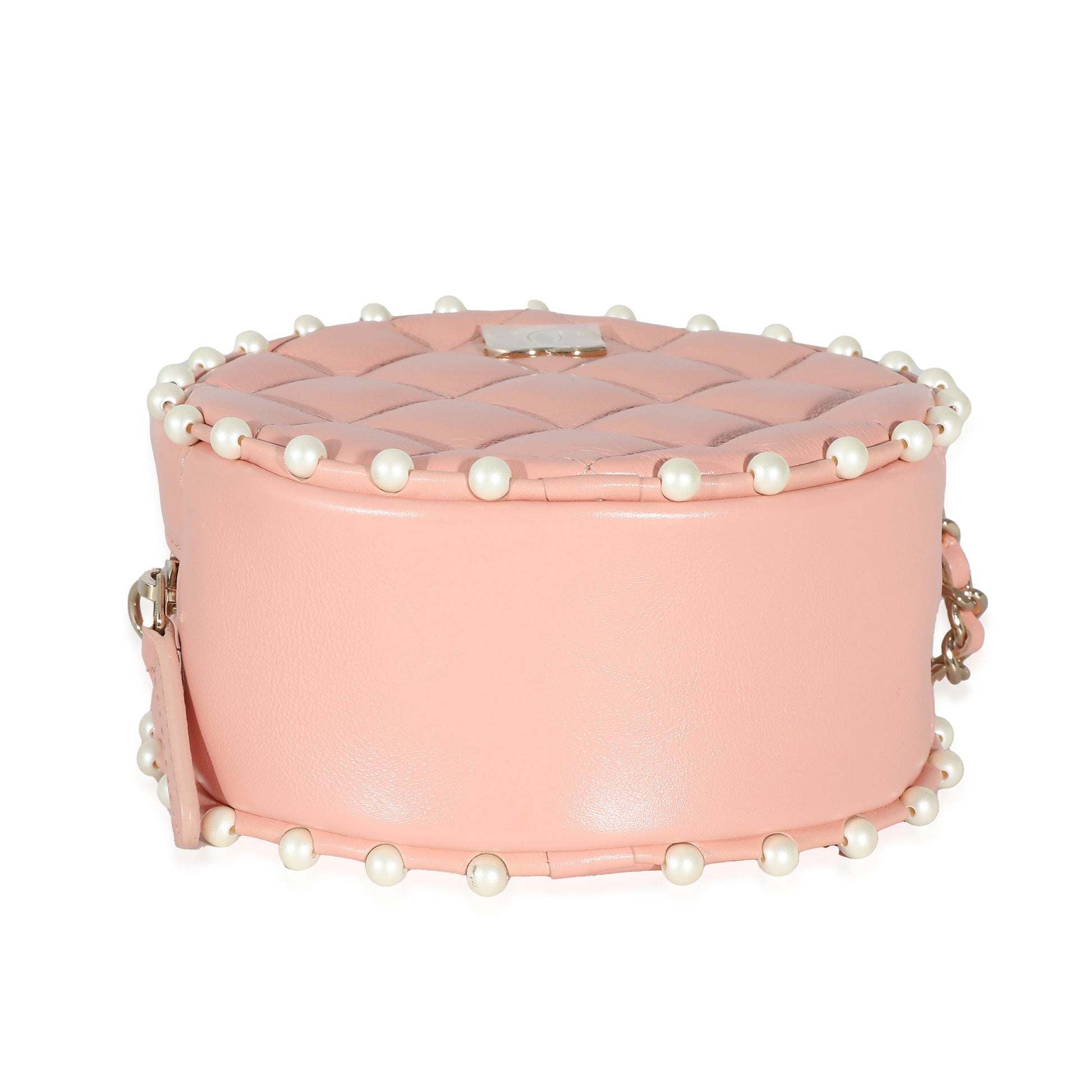 Chanel Pink Quilted Calfskin Pearl Round Clutch With Chain