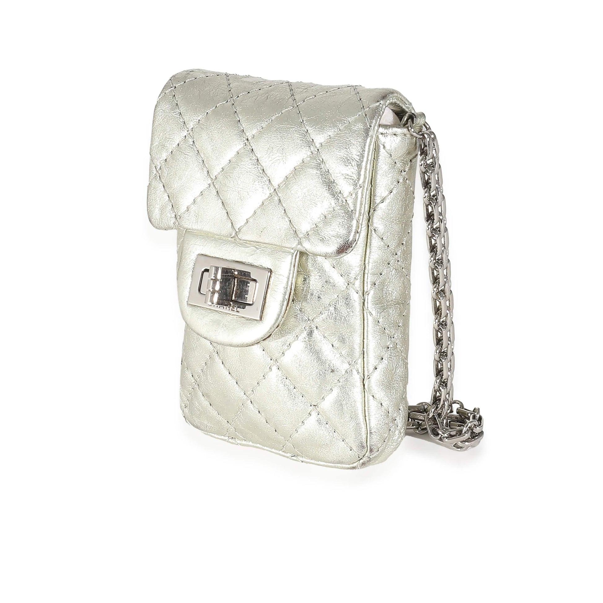 Chanel Silver Metallic Aged Calfskin Quilted 2.55 Reissue Phone Case