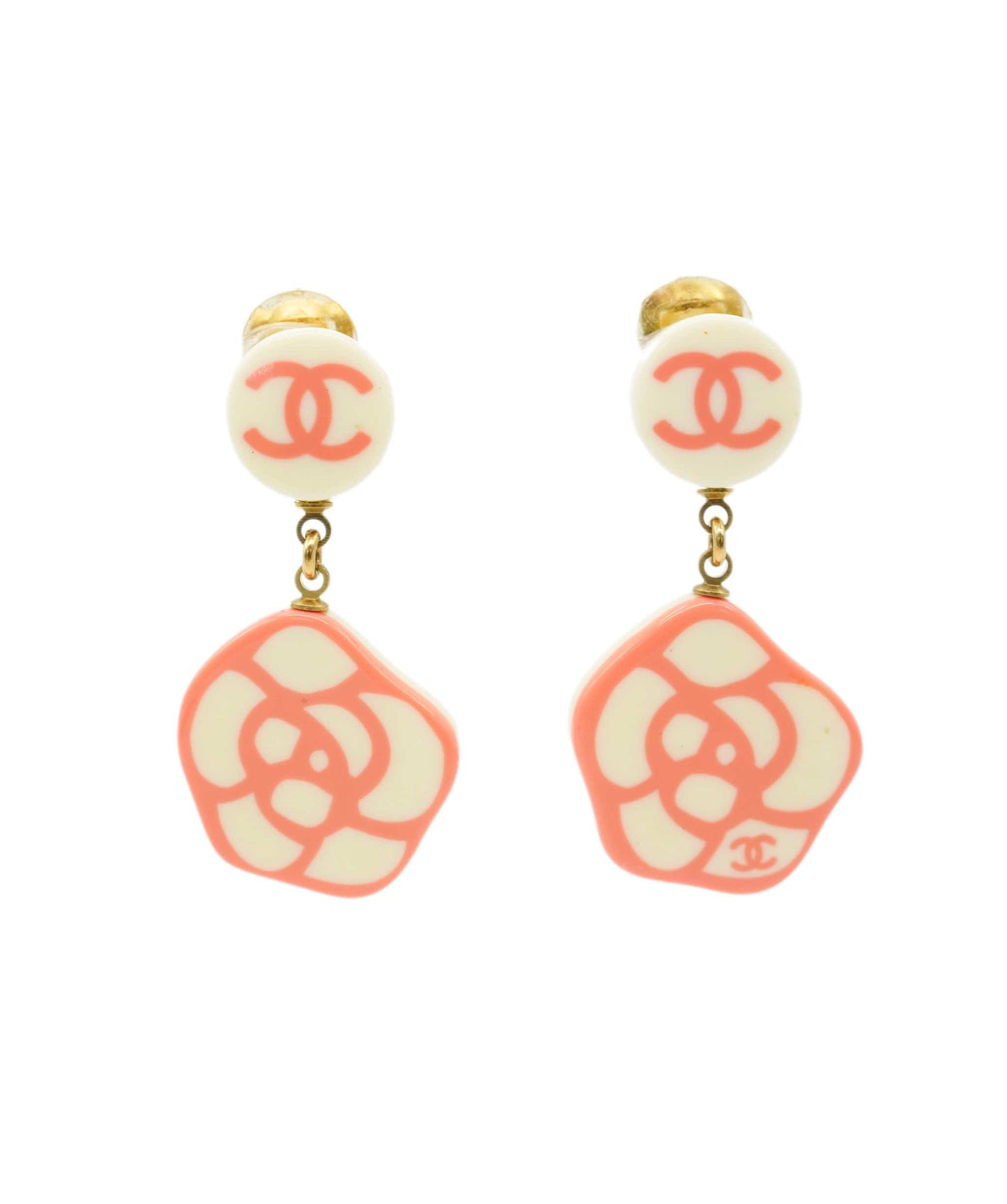 CHANEL 03P Pink & White CC Camelia Crop Clip-On Earrings DBXS2110