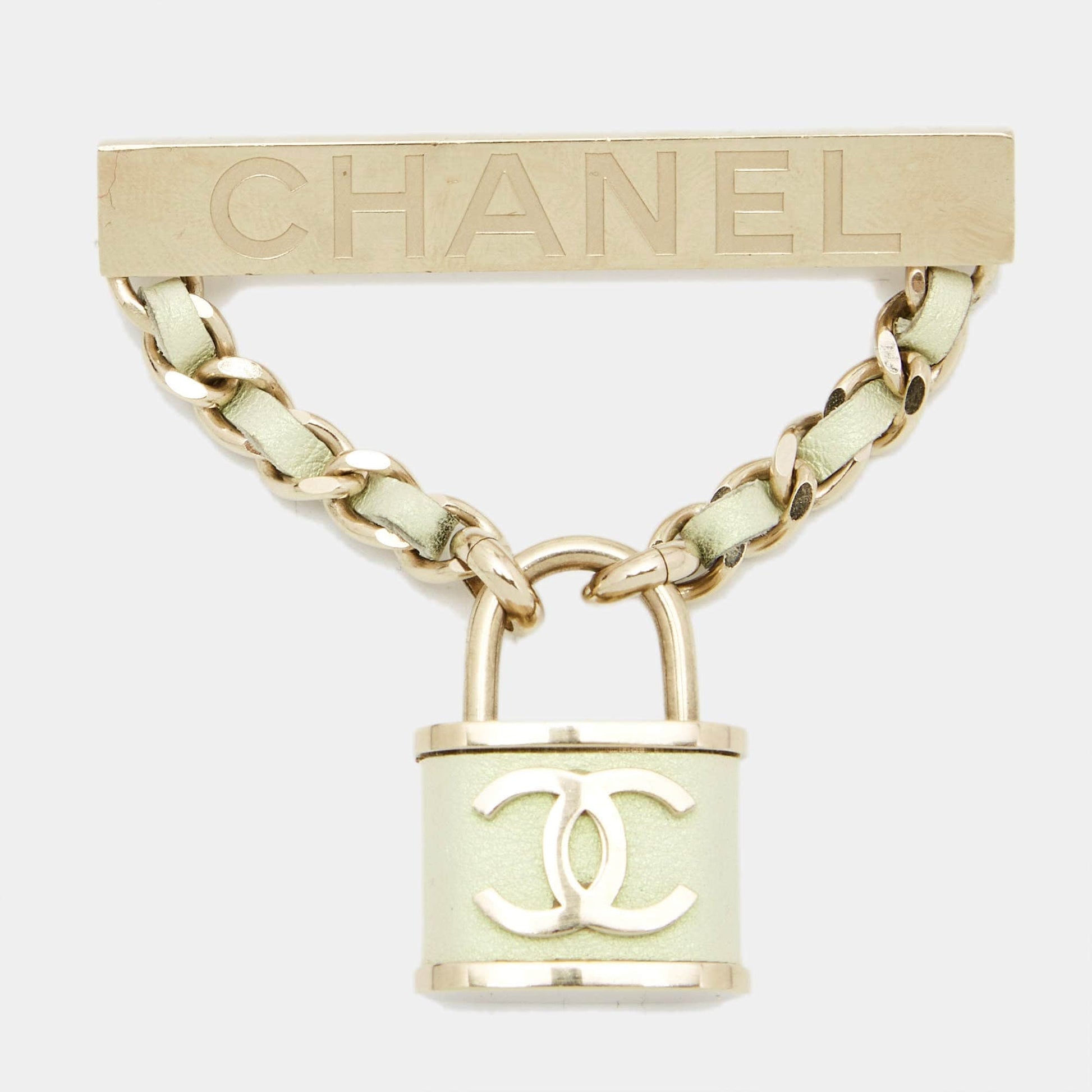 Chanel CC Lock Leather Gold Tone Brooch RJC4291