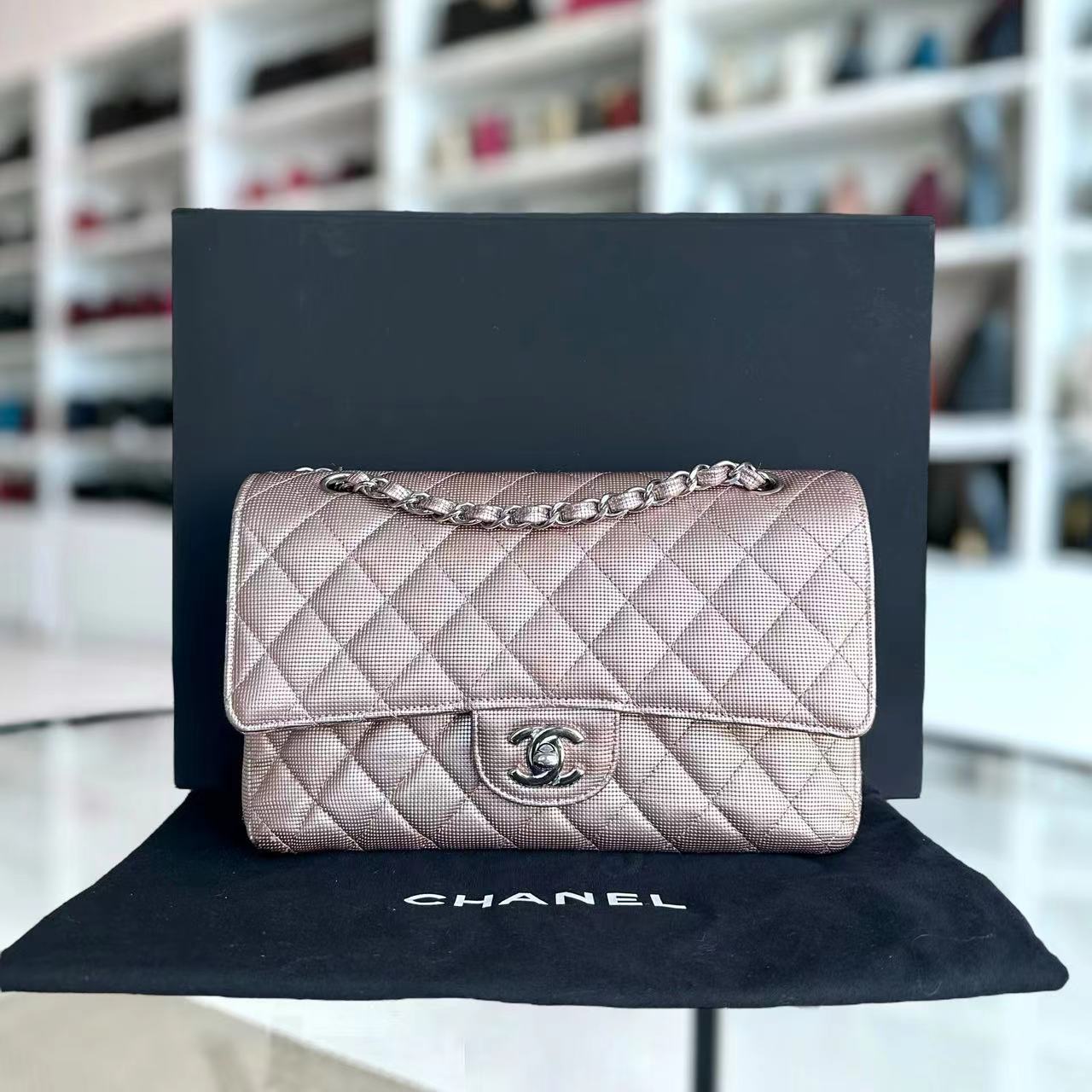 Chanel Calfskin Classic Flap Double Flap Metallic Pixelated Pixel Limited Edition Pink Silver Hardware No 21