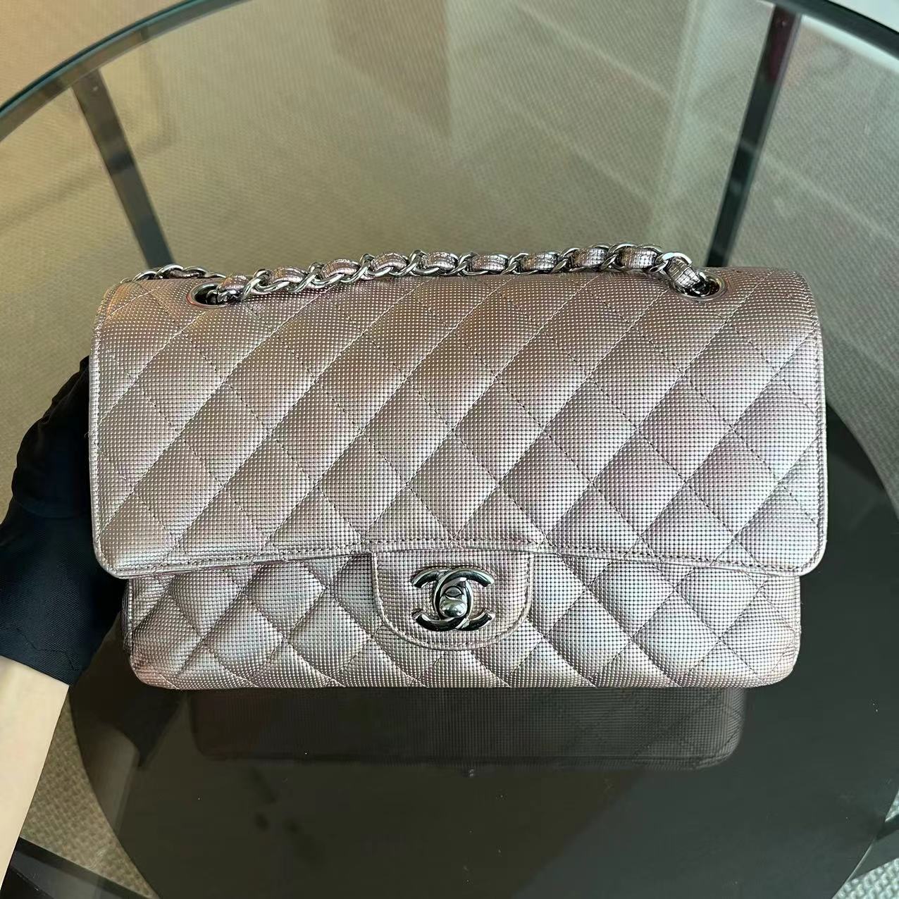Chanel Calfskin Classic Flap Double Flap Metallic Pixelated Pixel Limited Edition Pink Silver Hardware No 21