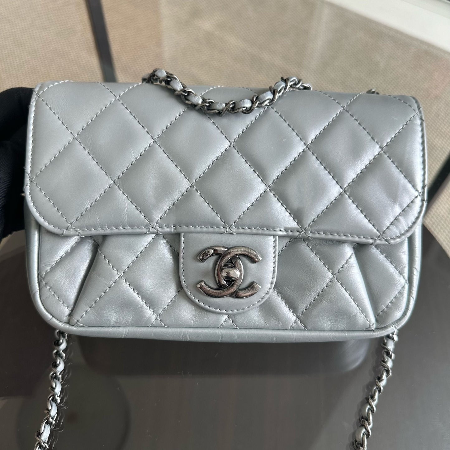 Chanel Mini Rectangular Flap - Plated Chain Seasonal Flap Quilted Calfskin Silver SHW No 21