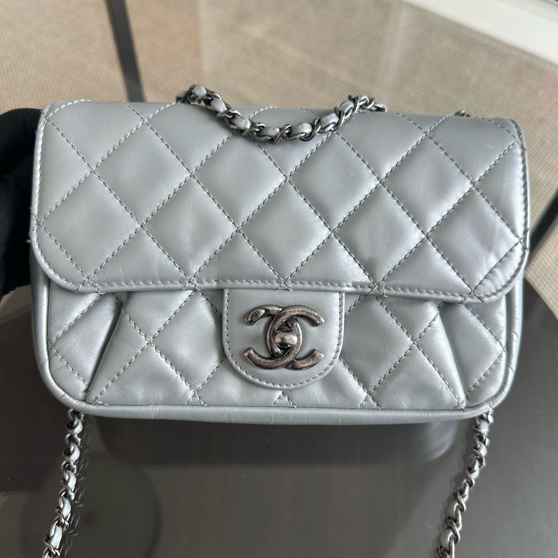 Chanel Mini Rectangular Flap - Plated Chain Seasonal Flap Quilted Calfskin Silver SHW No 21