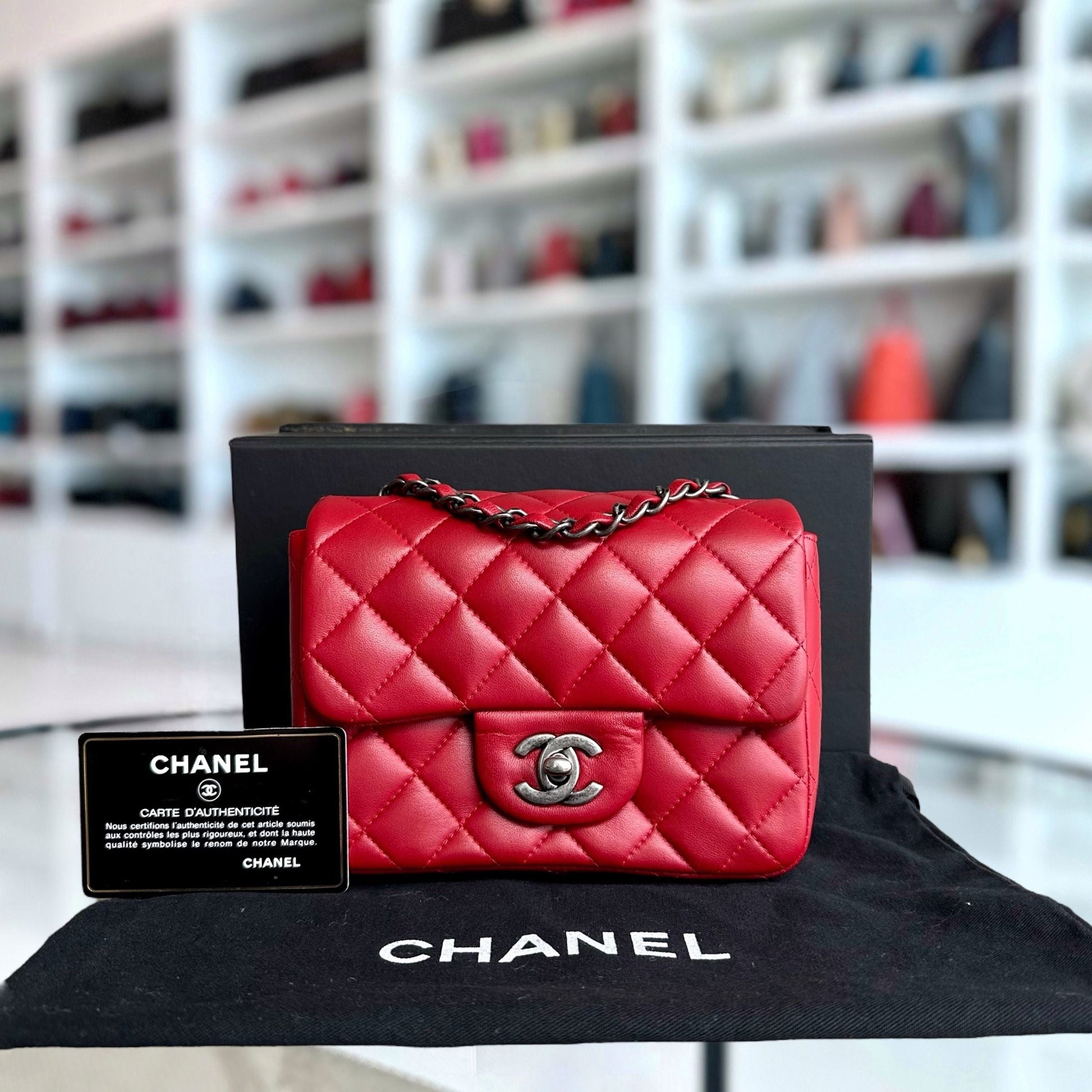 Chanel Classic Flap Mini - 17CM Mini Square Quilted Lambskin Red Ruthenium Hardware Series 20