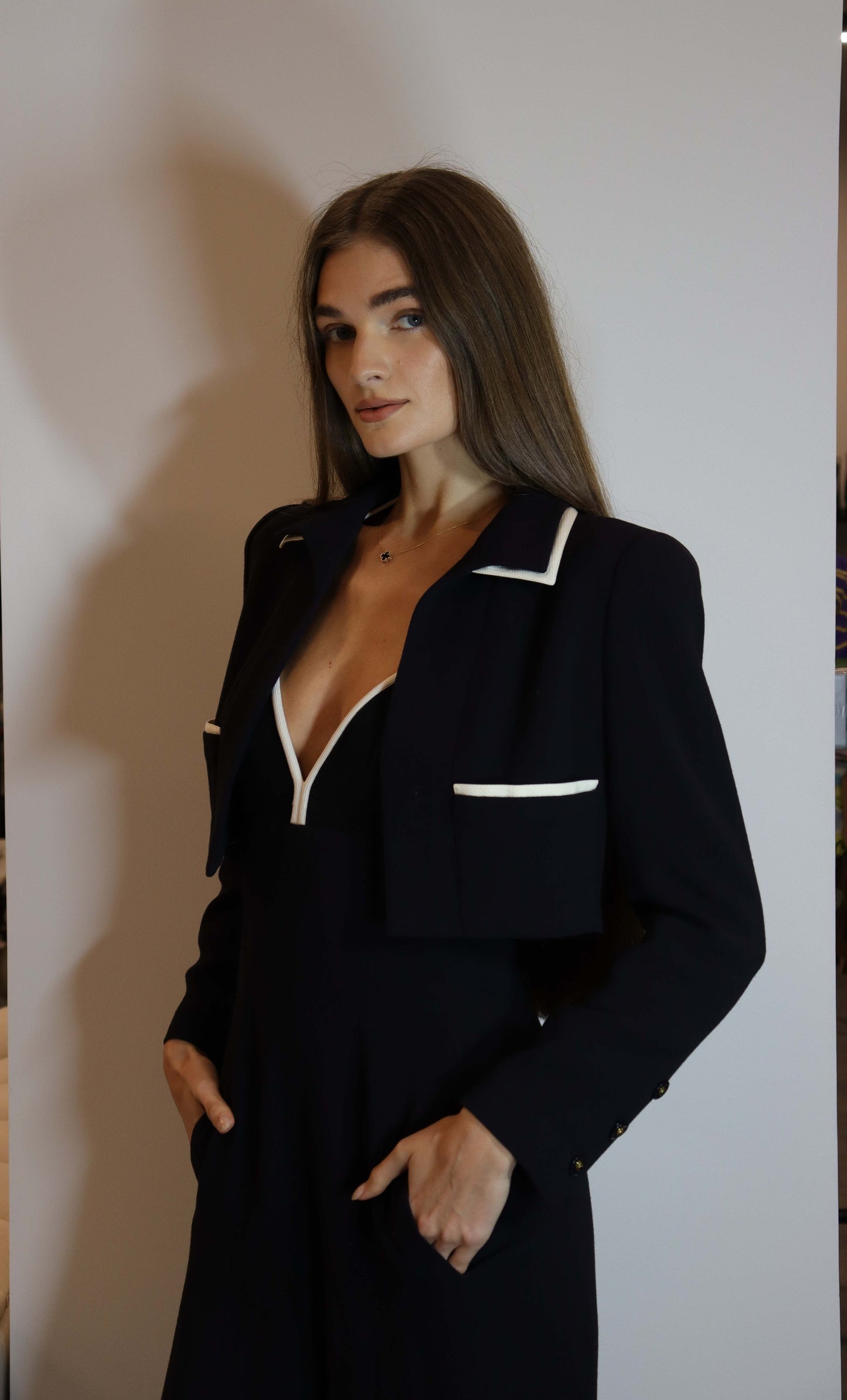 Chanel 95p Cropped Jacket Jumpsuit Set Navy White DXBS1982