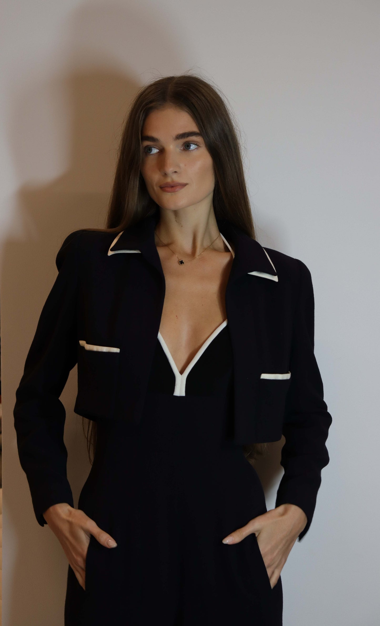 Chanel 95p Cropped Jacket Jumpsuit Set Navy White DXBS1982