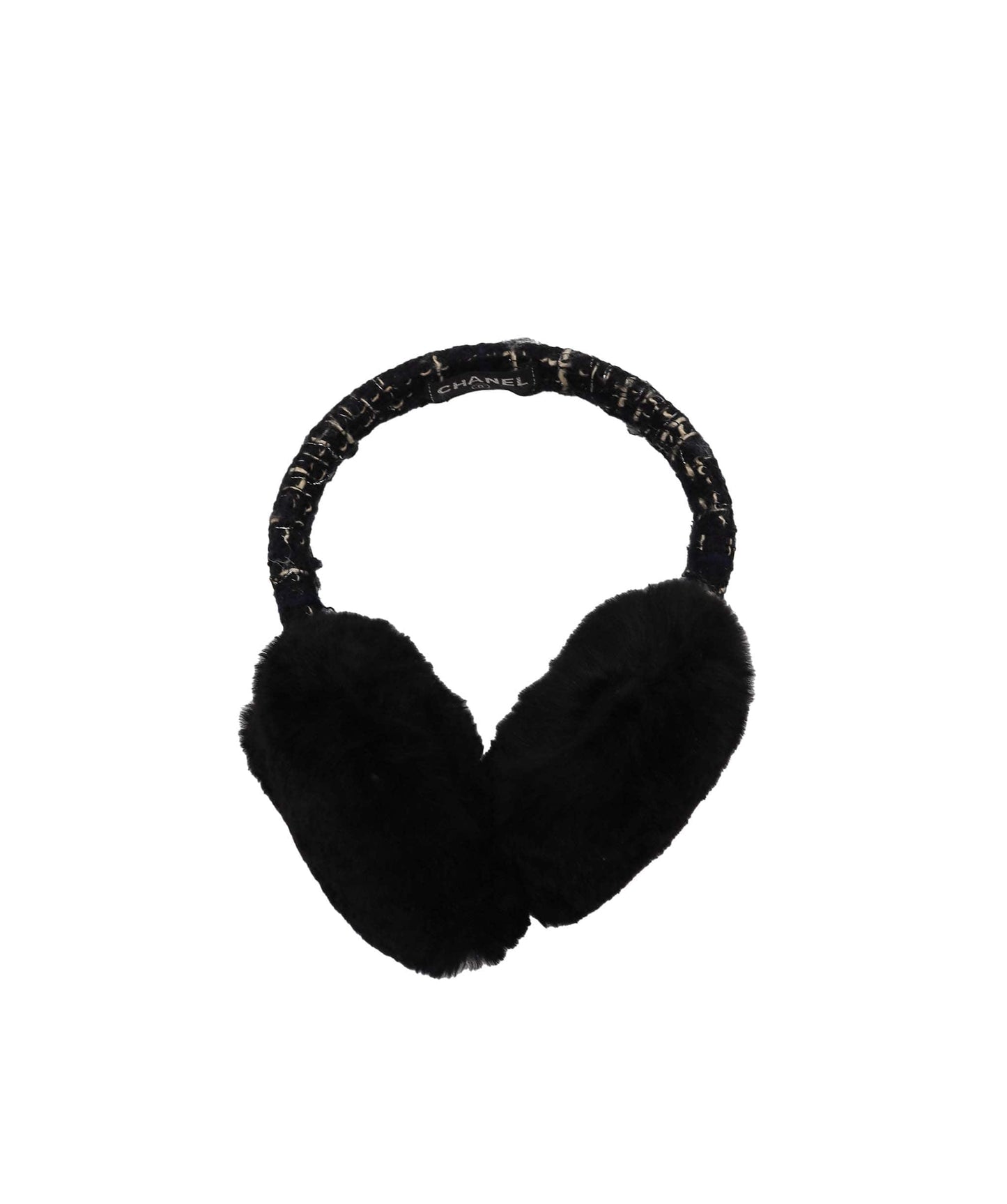 Damaged*Chanel Tweed & Fur Earmuffs Black DXBS1977