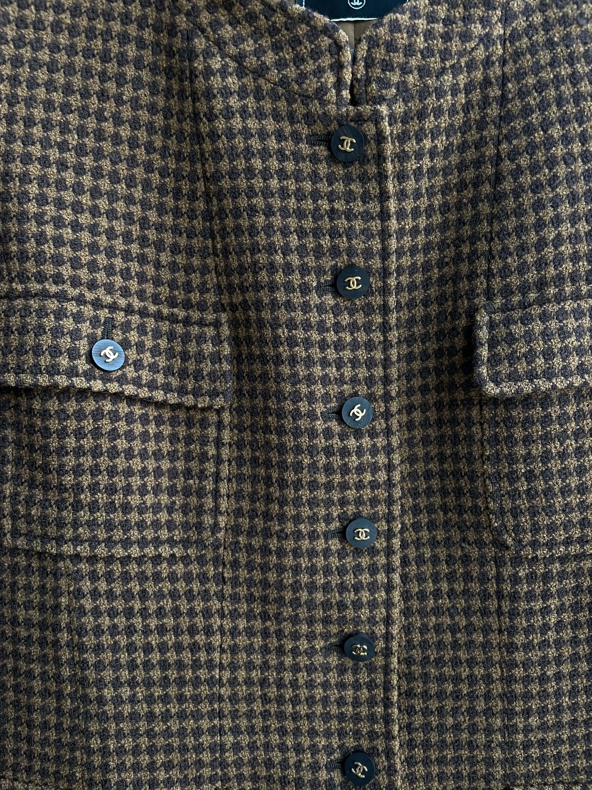 Chanel 1996A Sz 44 Brown Houndstooth Tweed Jacket DXBK0201