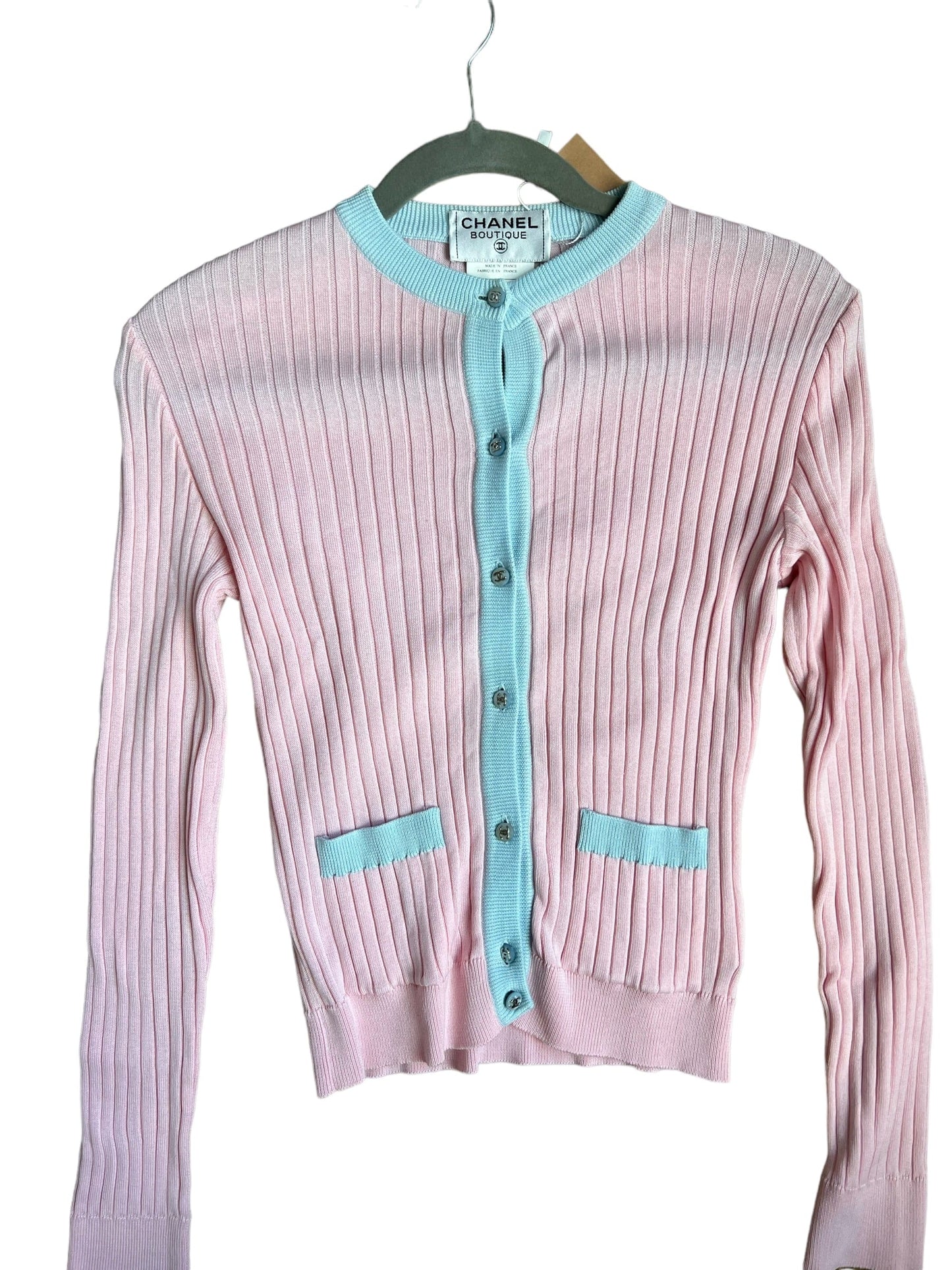 Chanel CC Button Rib Cardigan Pink Blue - ASL10660