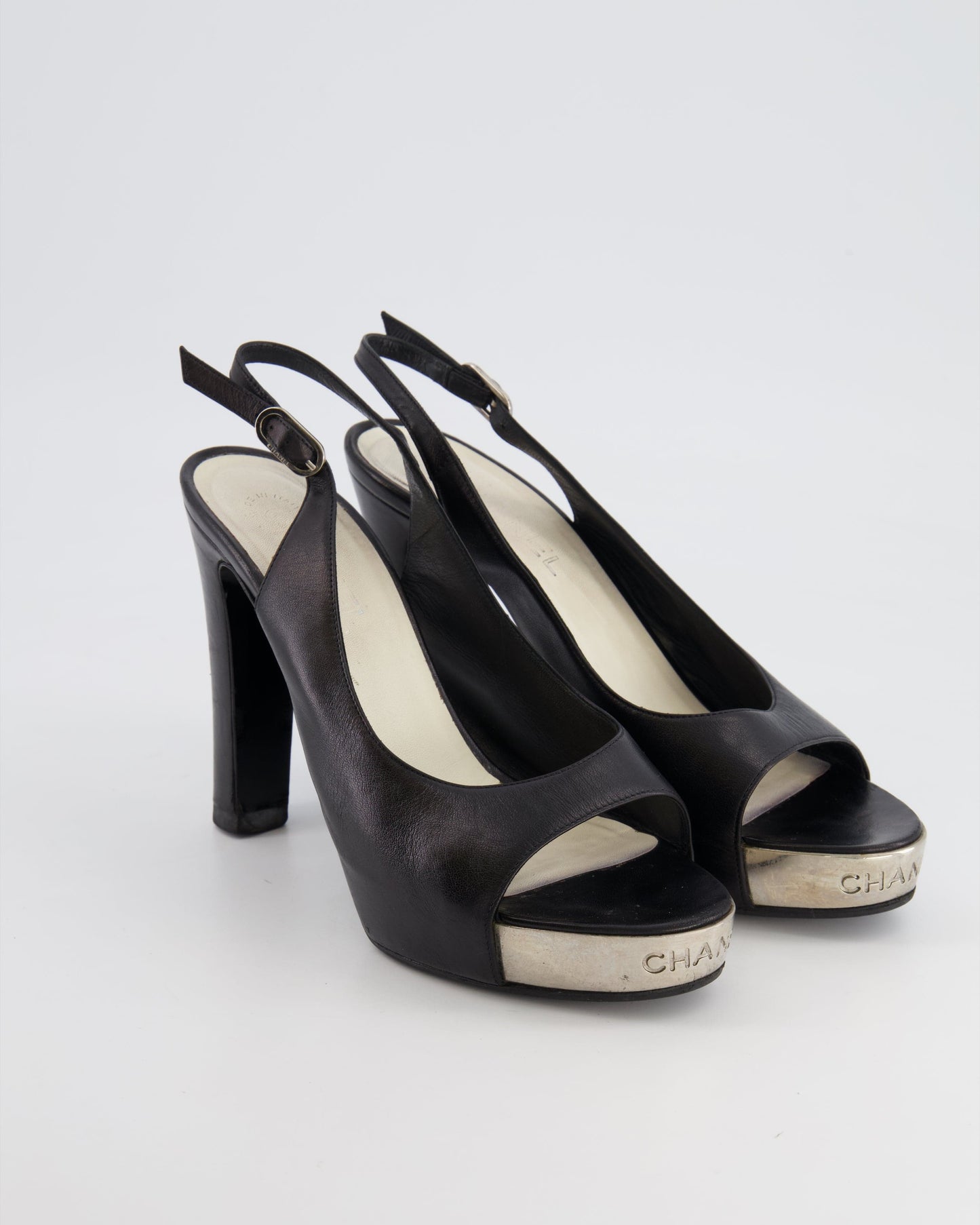 Chanel Black Matte Leather Pumps with Silver Logo Detail Size EU 38.5
