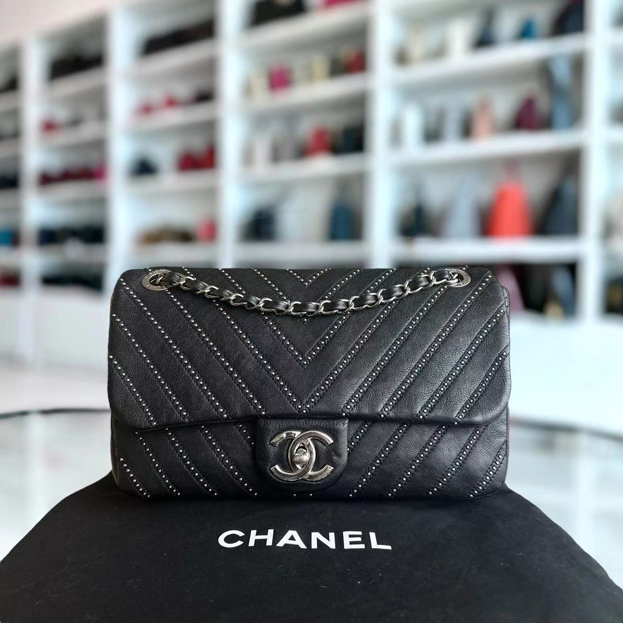 Chanel Seasonal Flap - Studded 25CM Chevron Calfskin Black Silver Hardware Series 24