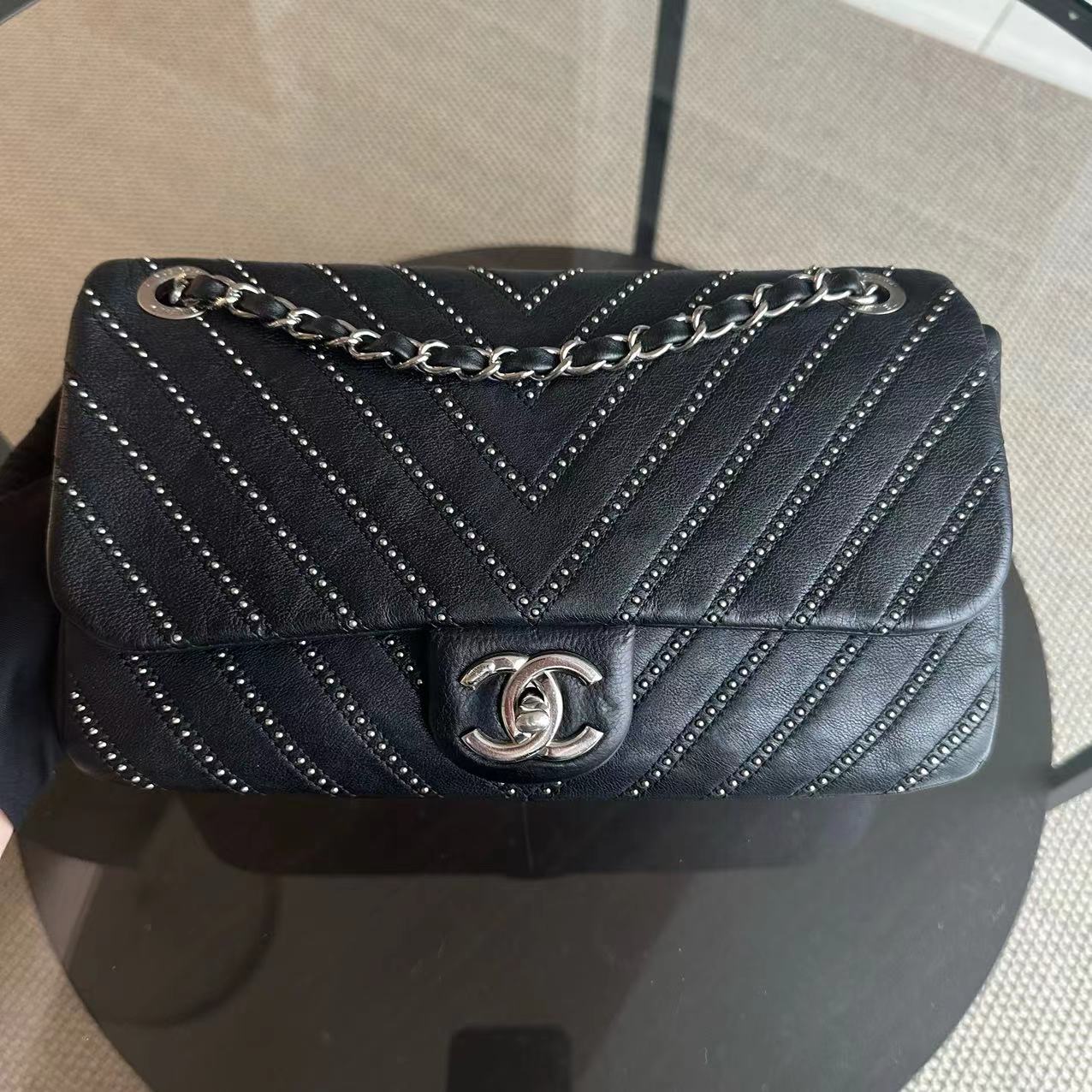 Chanel Seasonal Flap - Studded 25CM Chevron Calfskin Black Silver Hardware Series 24