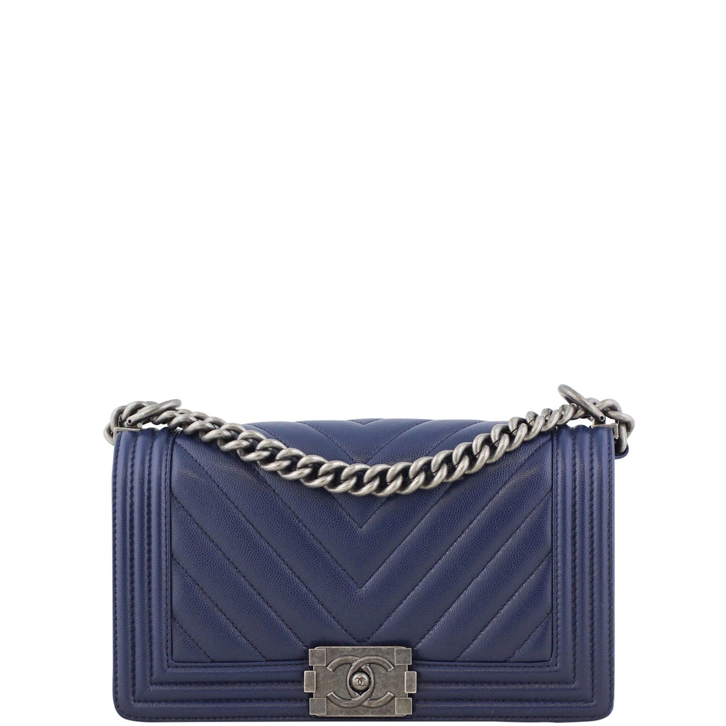 Chanel Boy Chevron Old Hardware Handbag Blue Silver