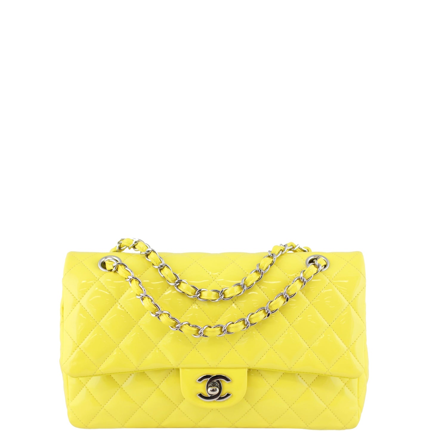 Chanel Classic Double Patent Yellow Handbag Medium Flap