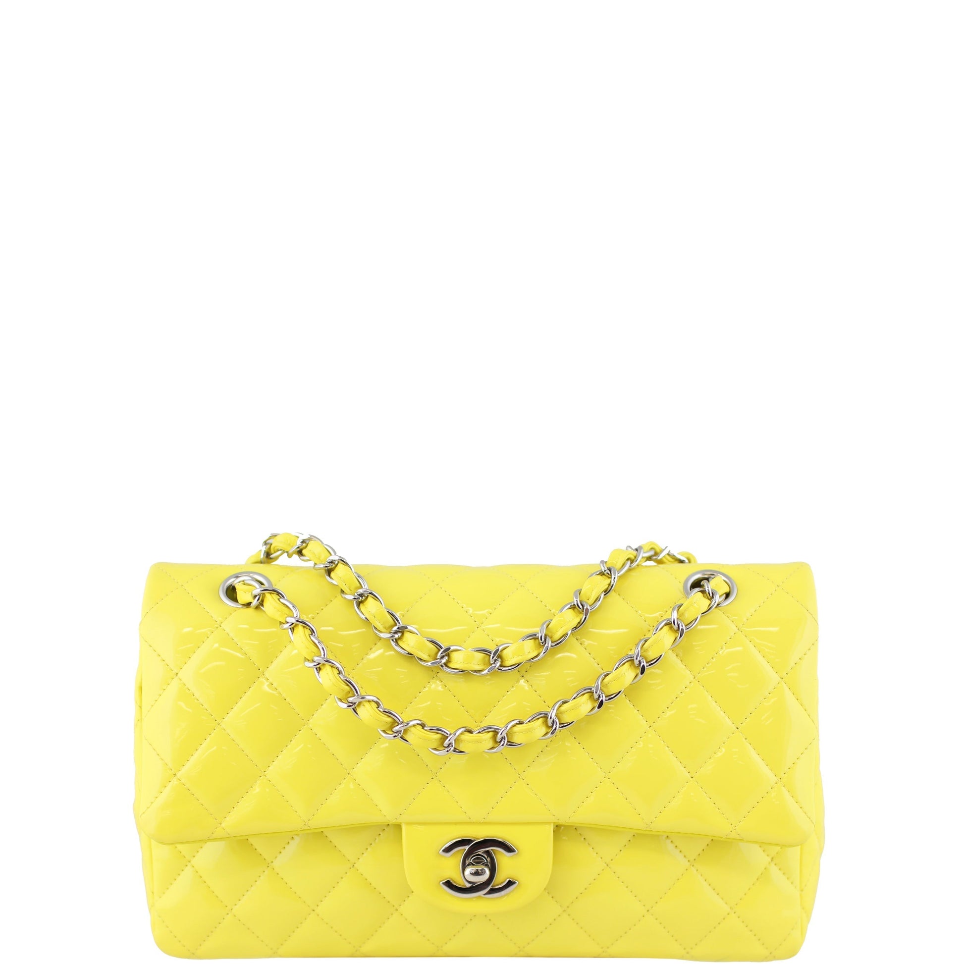 Chanel Classic Double Patent Yellow Handbag Medium Flap