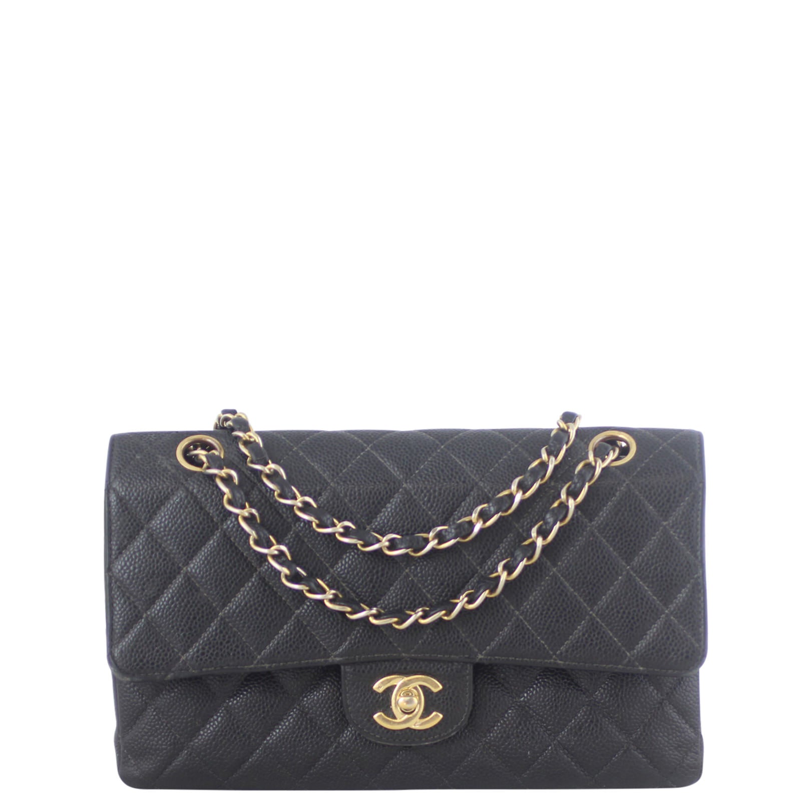 Chanel Classic Double Flap Caviar Hardware Double Chain Black Gold Handbag