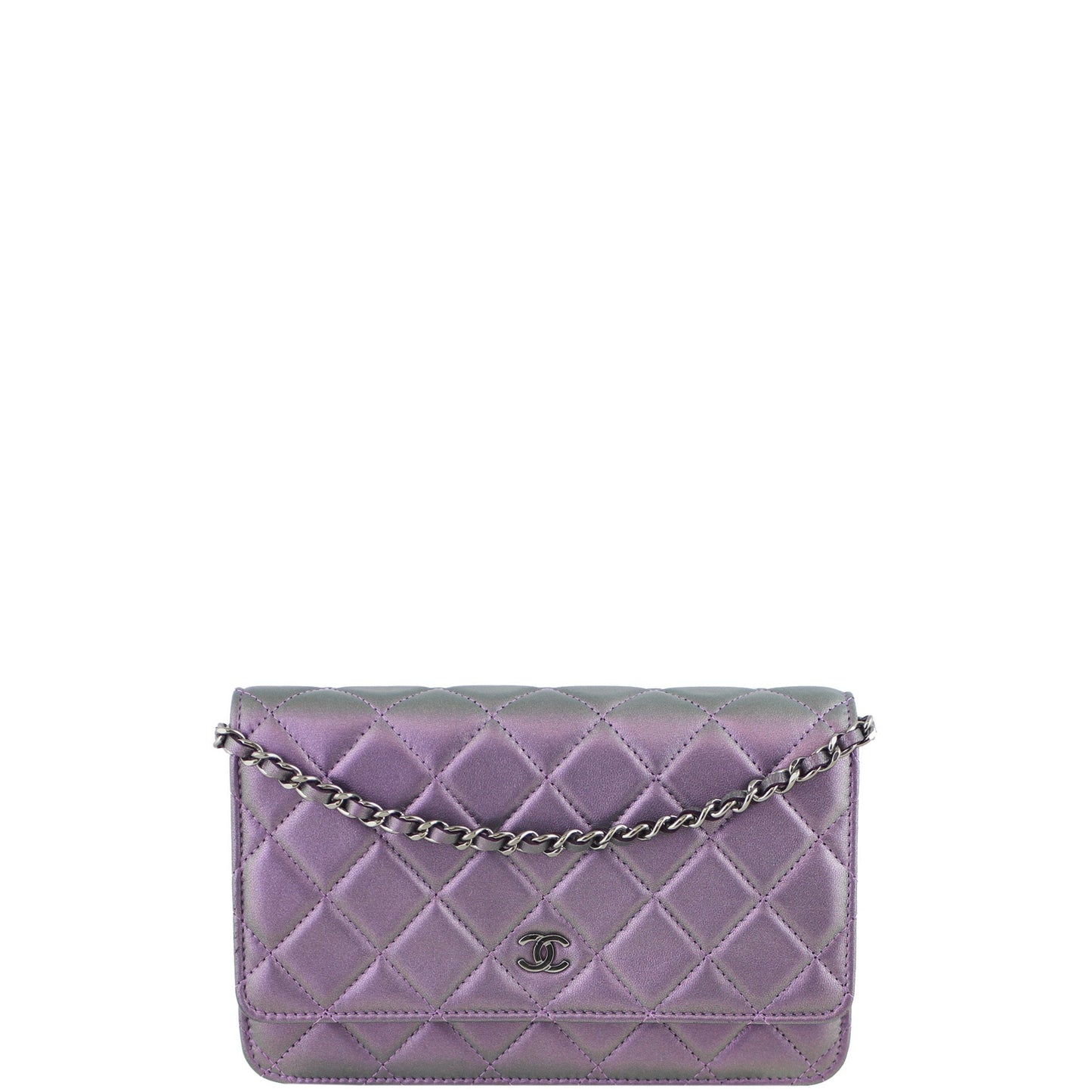 Chanel Classic Wallet On Iridescent Purple And Handbag Green Chain
