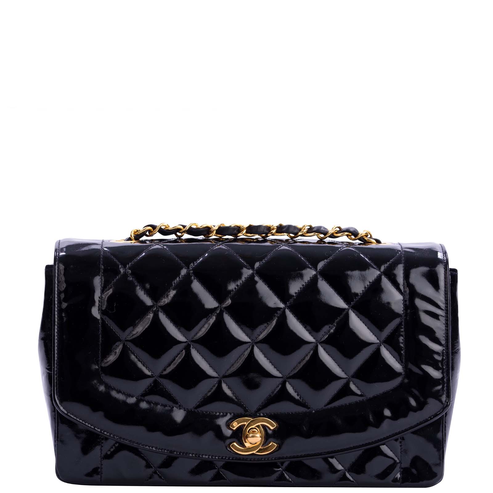 Chanel Diana Patent Bag GHW Quilted Black Handbag