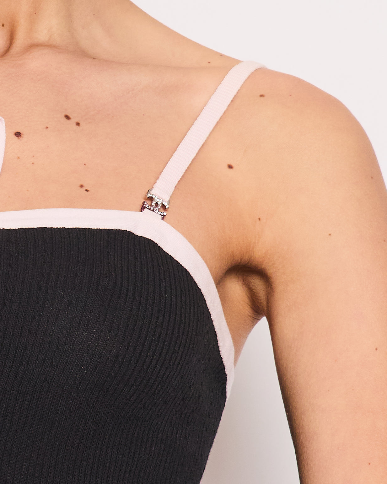 Chanel Black Tank Top with Pink Crystal CC Logo Straps and Bow Detail
