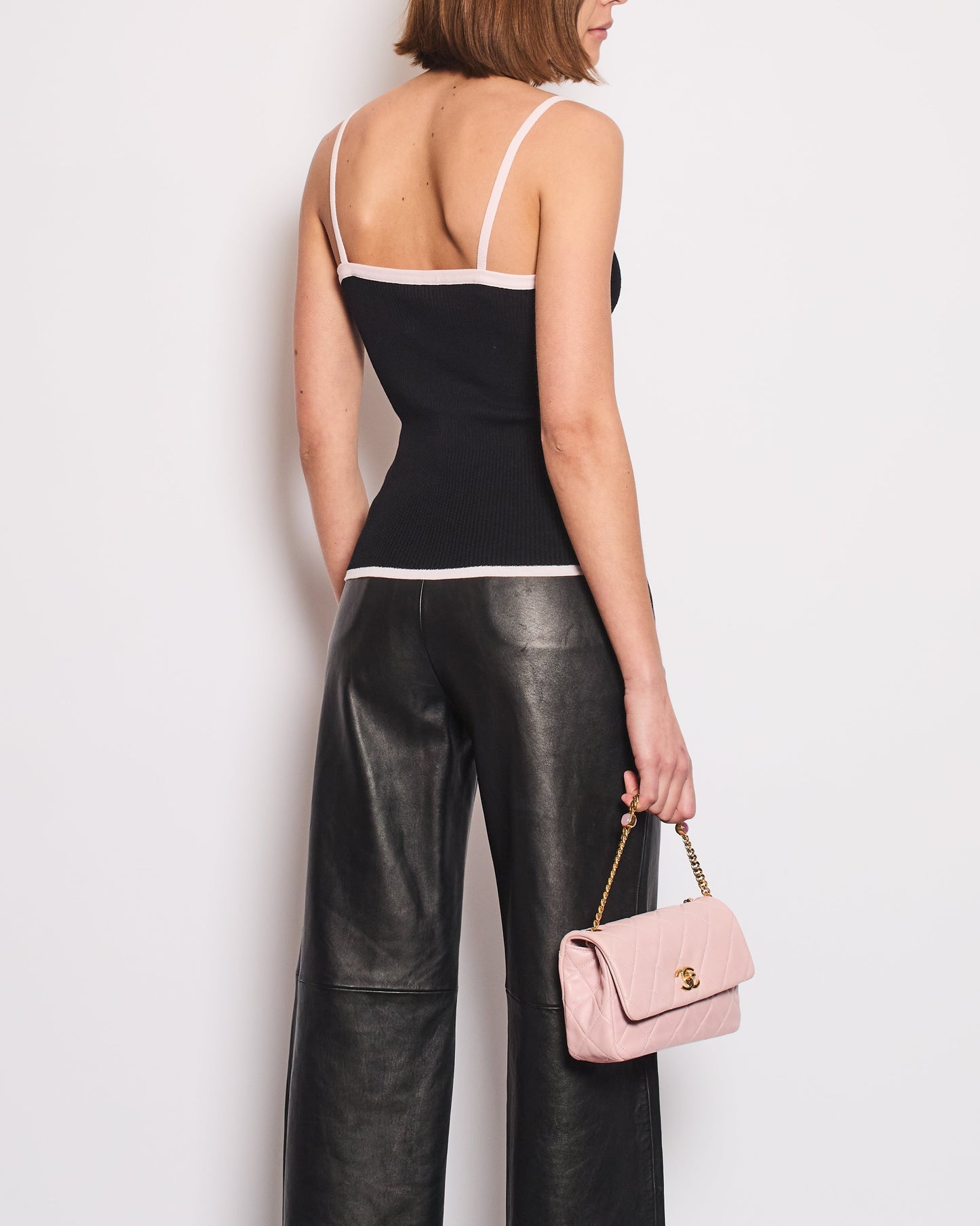 Chanel Black Tank Top With Pink Crystal Cc Logo Straps And Bow Detail Bag