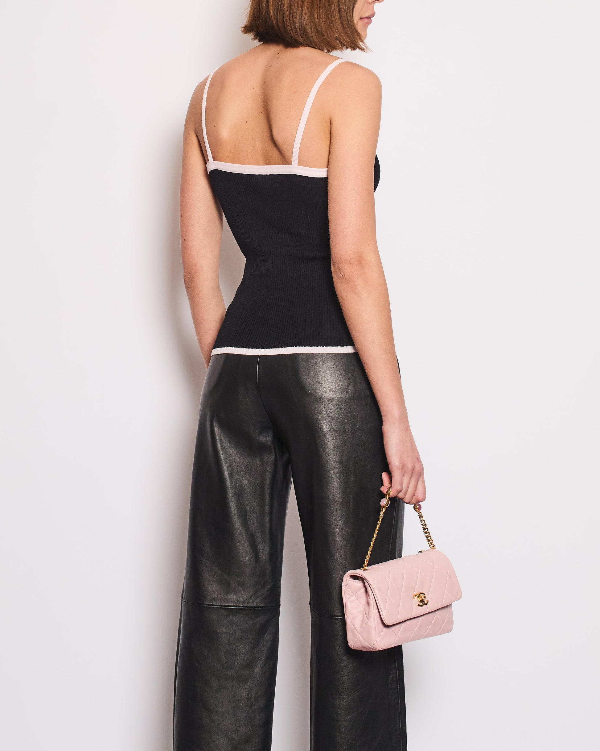 Chanel Black Tank Top With Pink Crystal Cc Logo Straps And Bow Detail Bag