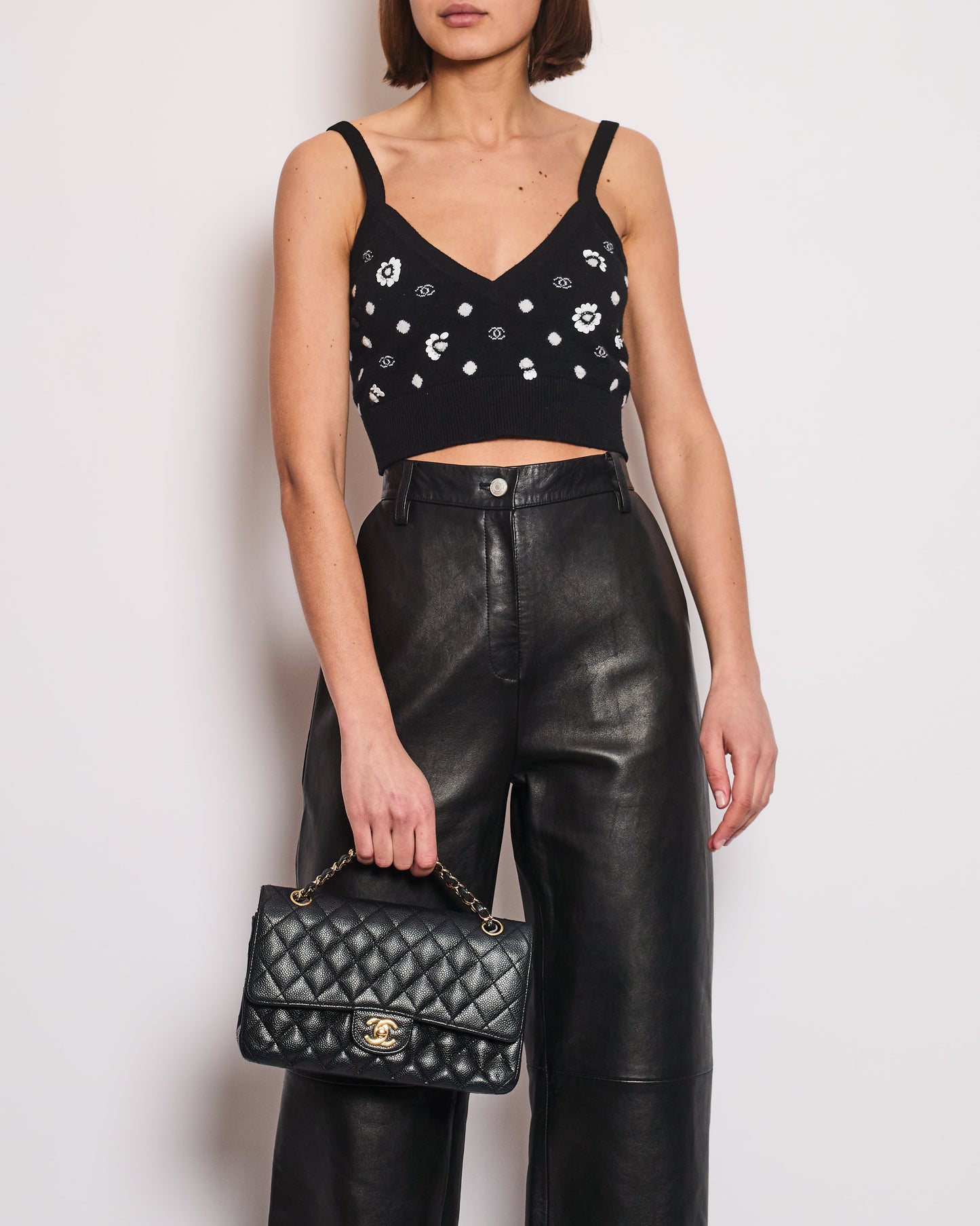 Chanel Black Floral Embellished Cc Cropped Tank Top Size Fr 38 (Uk 10) Bag