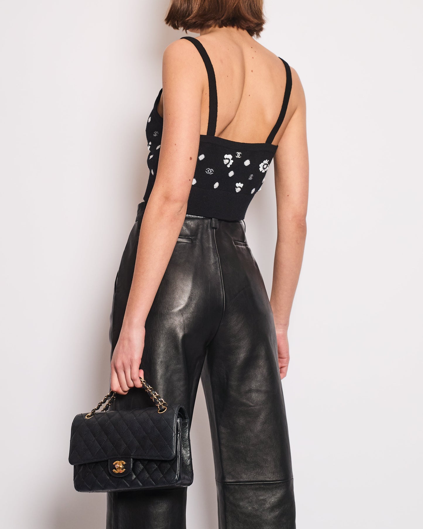 Chanel Black Floral Embellished Cc Cropped Tank Top Size Fr 38 (Uk 10) Bag