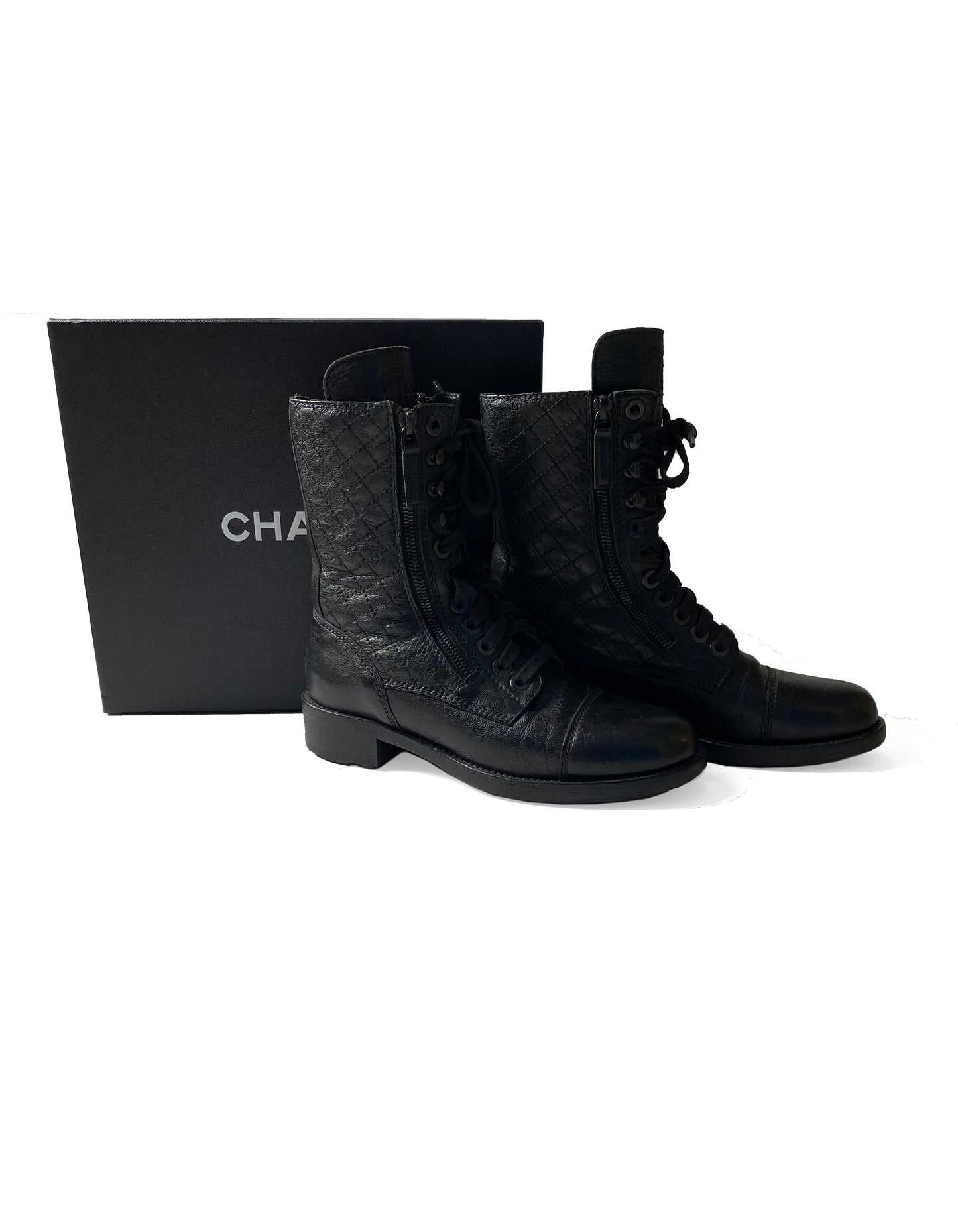 Chanel Black Leather Cc Combat Boots Sz 38