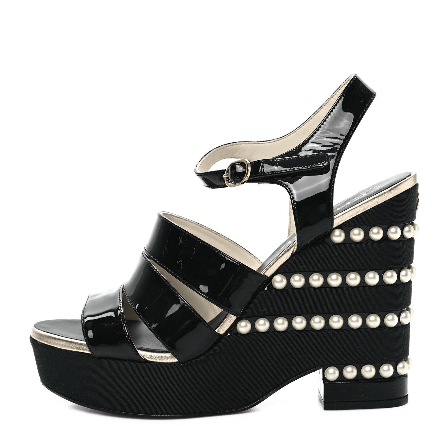 Chanel Calfskin Grosgrain Pearl CC Wedge Sandals for Women