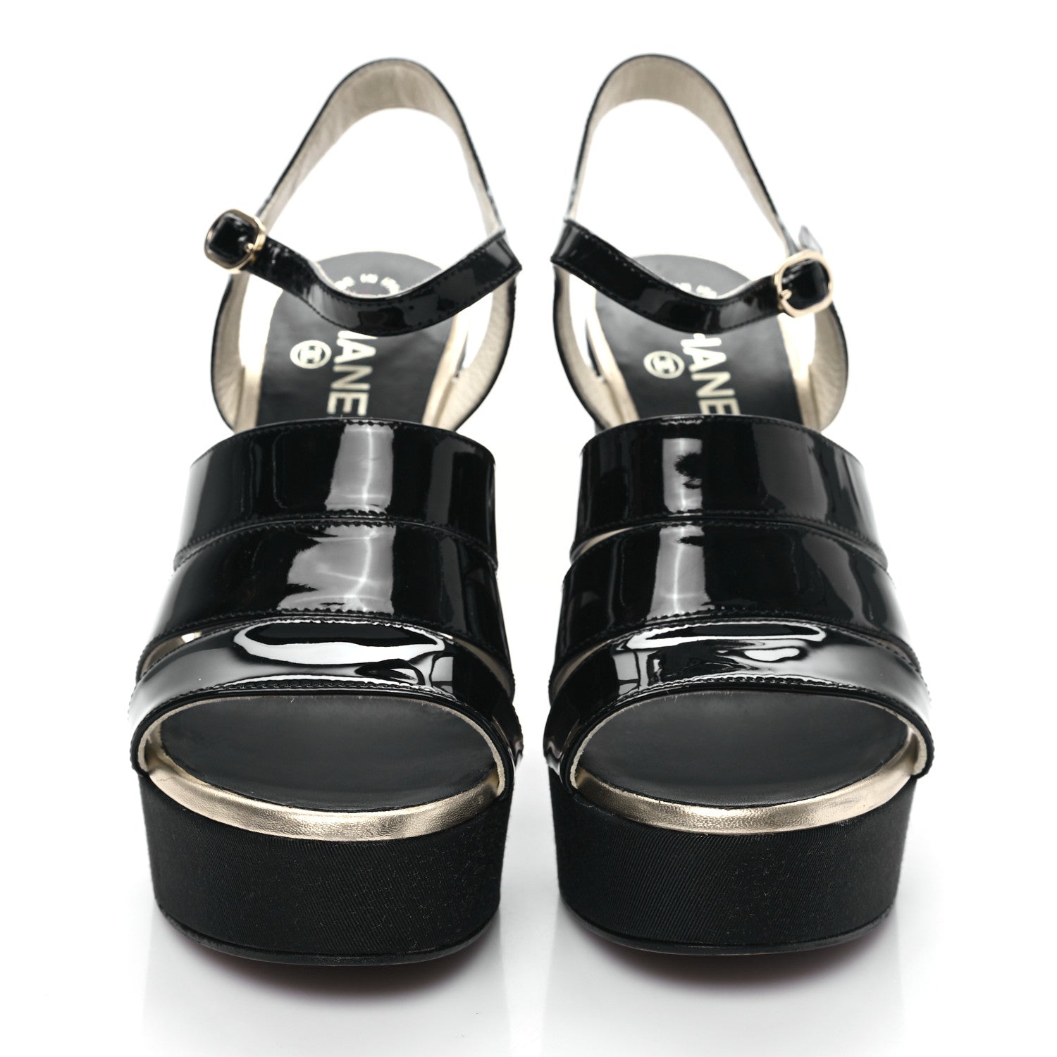 CHANEL CALFSKIN GROSGRAIN PEARL CC WEDGE SANDALS