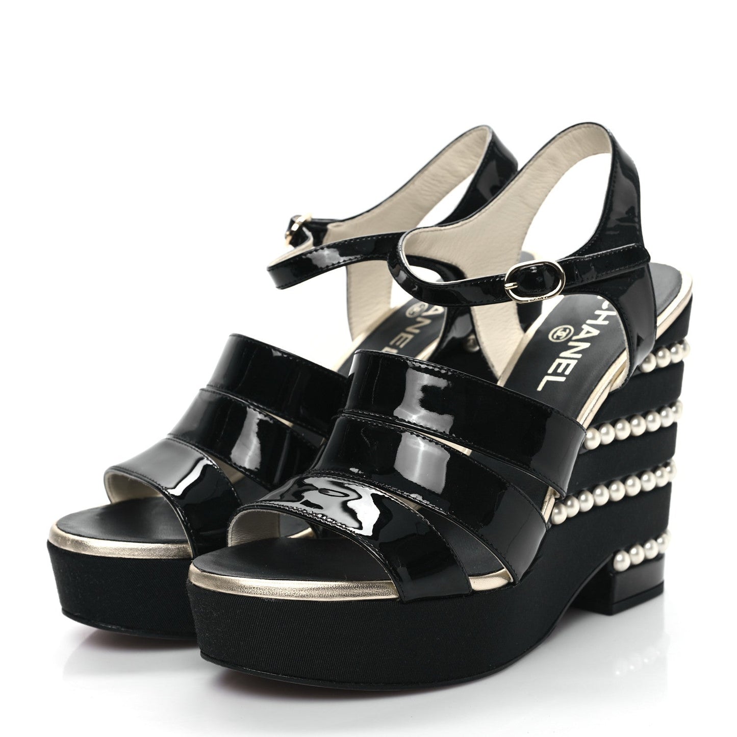 Chanel Calfskin Grosgrain Pearl CC Wedge Sandals for Women