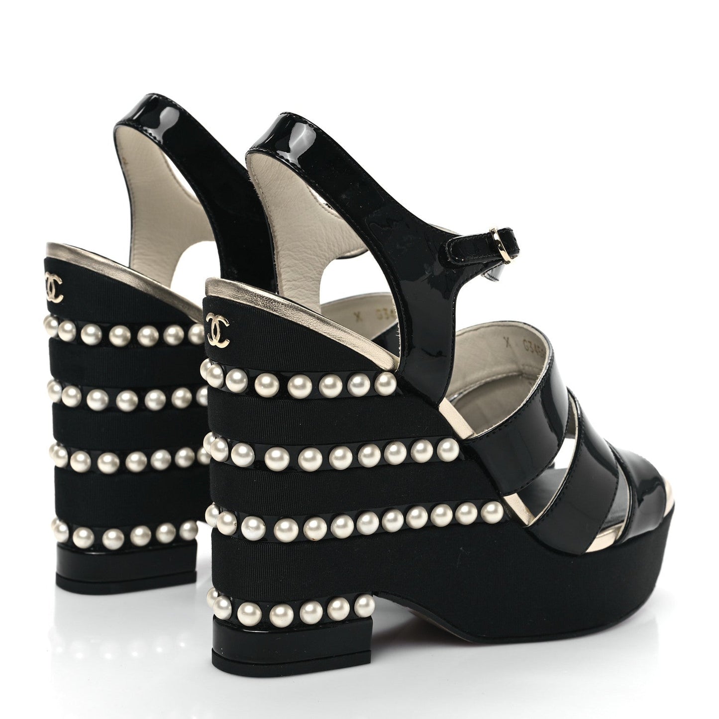 Chanel Calfskin Grosgrain Pearl CC Wedge Sandals for Women